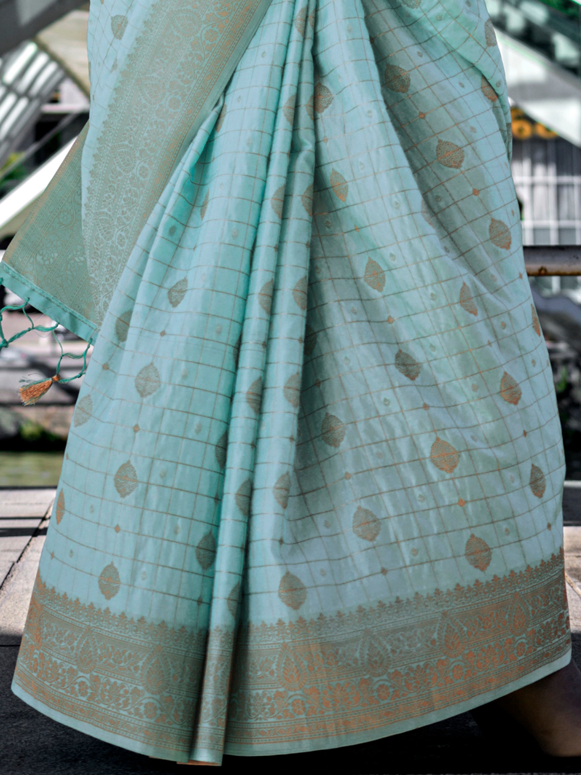 Alluring Sky-Blue Zari Weaving Silk Festival Wear Saree With Blouse