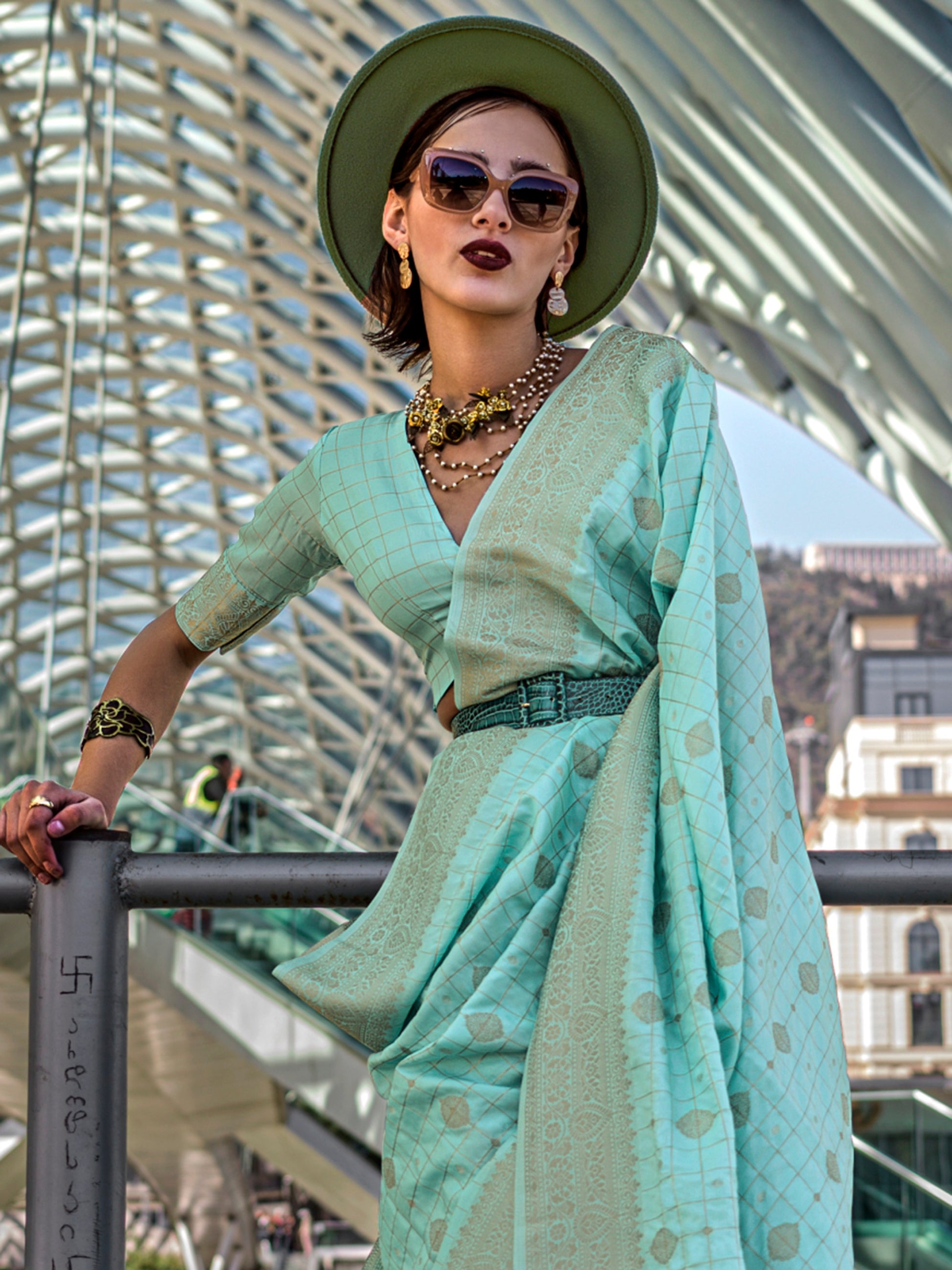 Alluring Sky-Blue Zari Weaving Silk Festival Wear Saree With Blouse