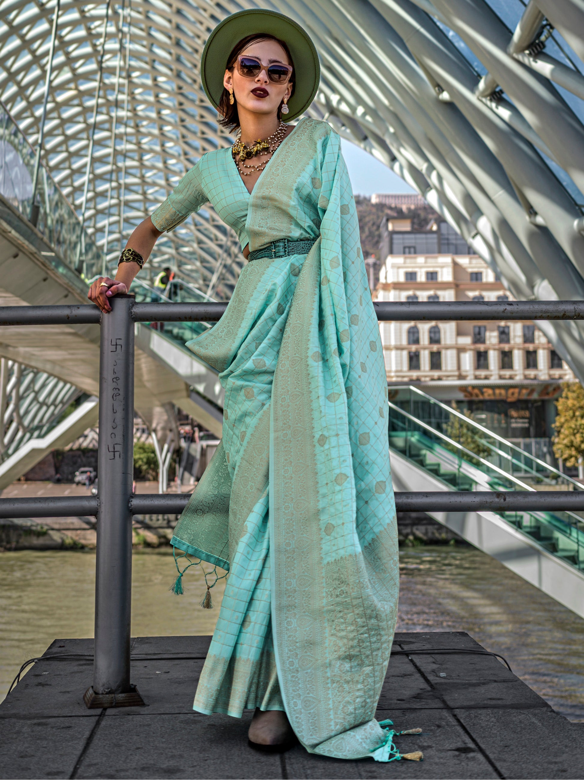 Alluring Sky-Blue Zari Weaving Silk Festival Wear Saree With Blouse