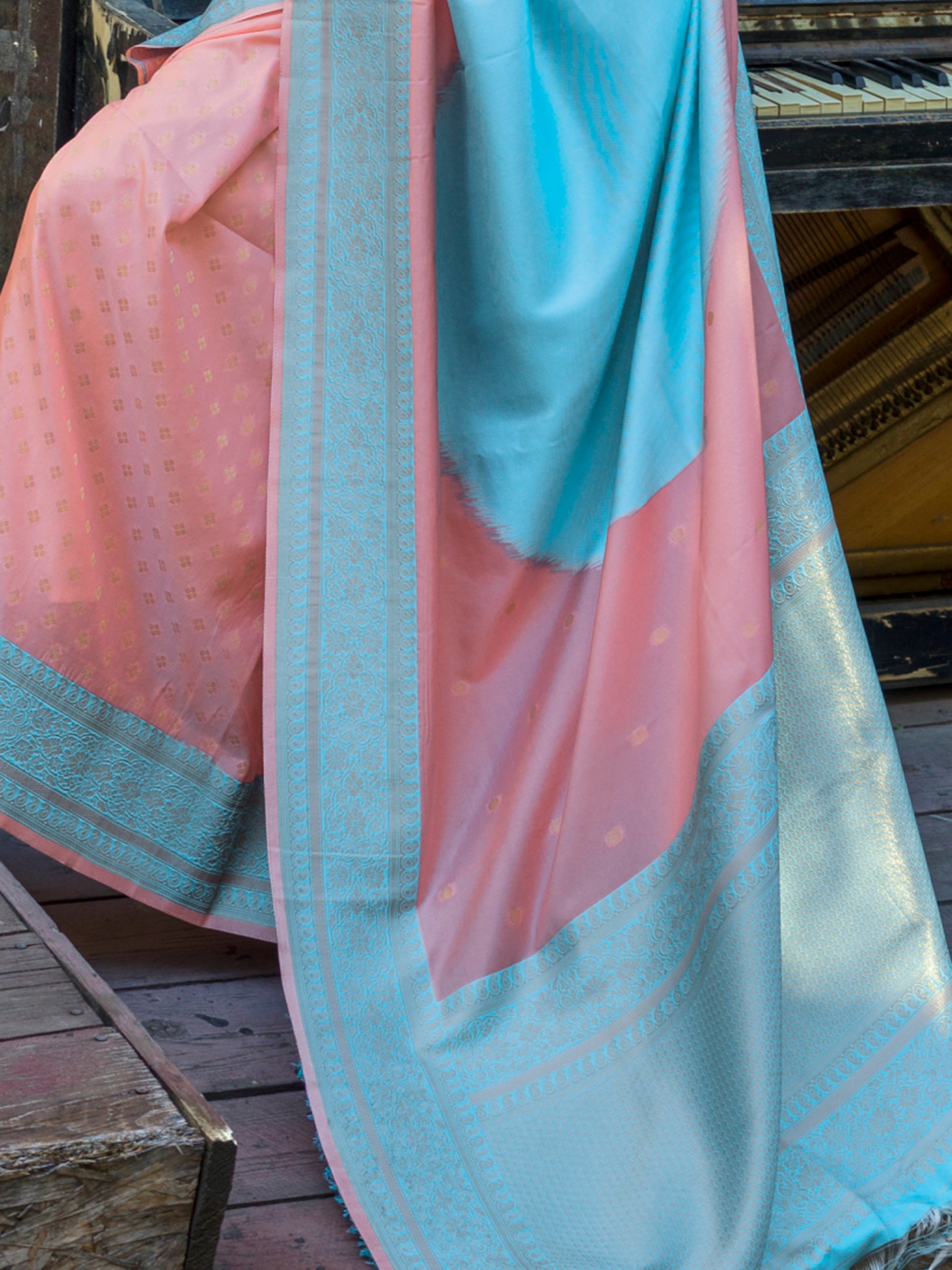 Astonishing Peach Zari Weaving Silk Festival Wear Saree With Blouse