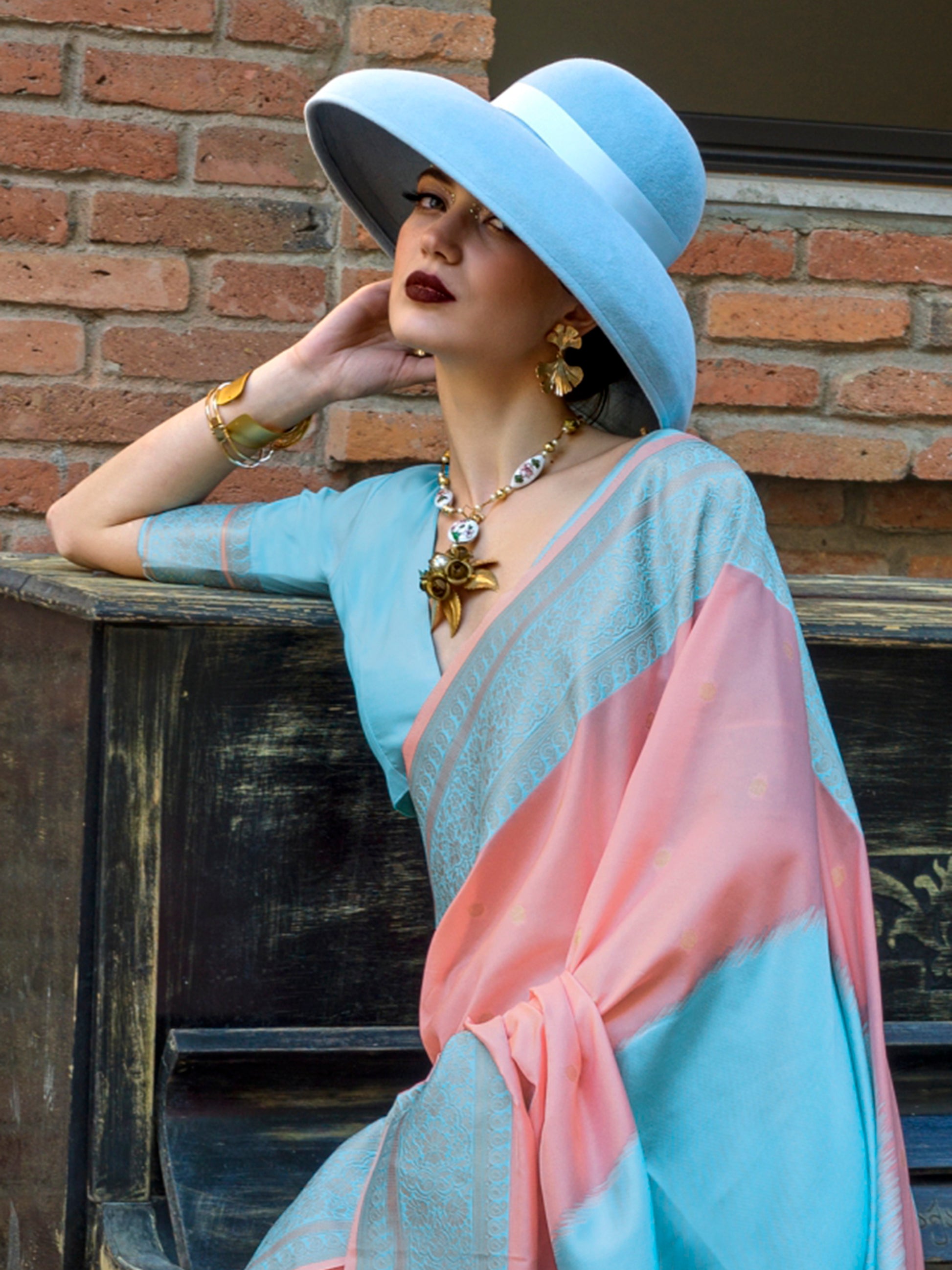 Astonishing Peach Zari Weaving Silk Festival Wear Saree With Blouse