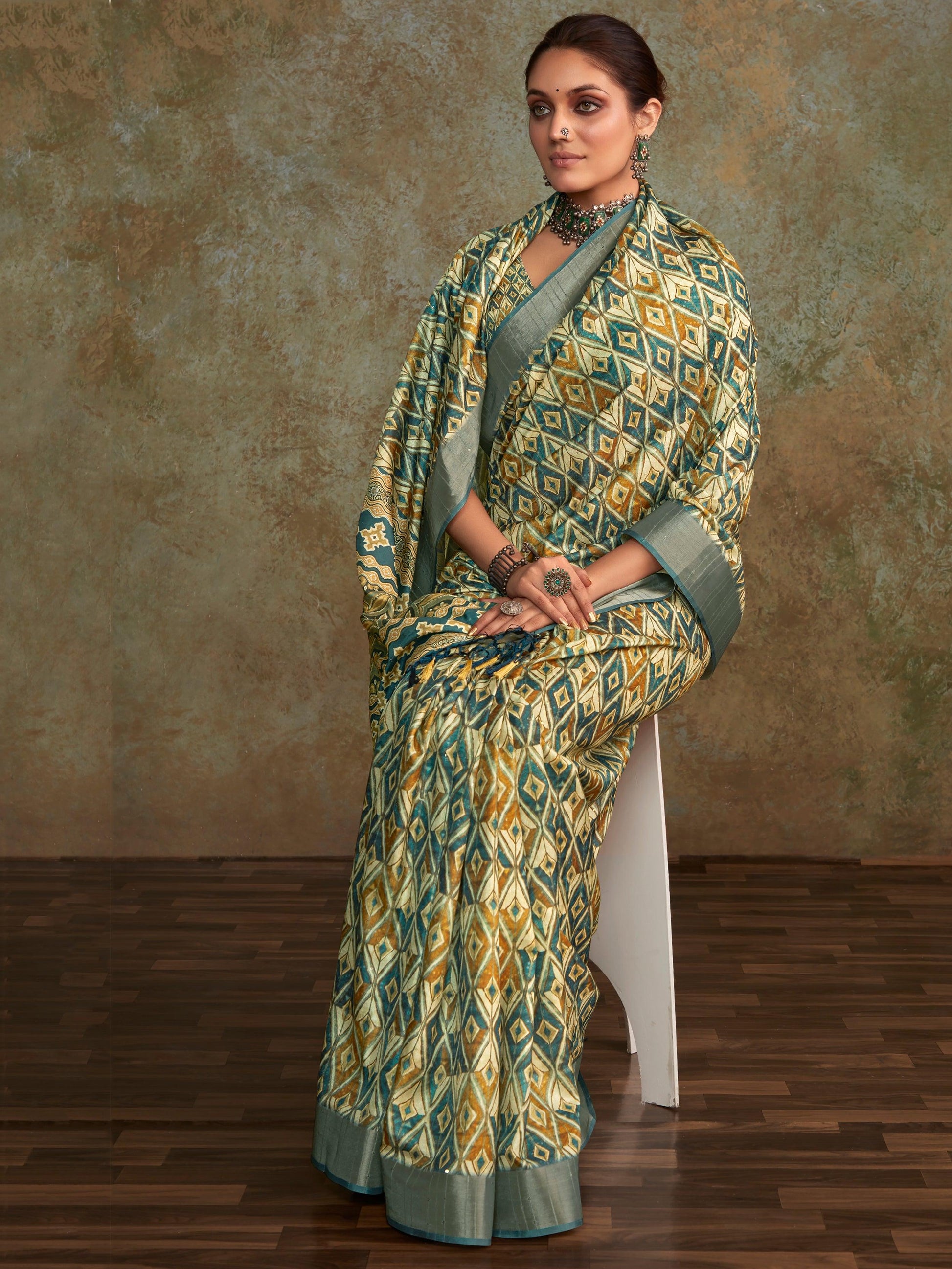 Attractive Cream Digital Printed Silk Festival Wear Saree With Blouse