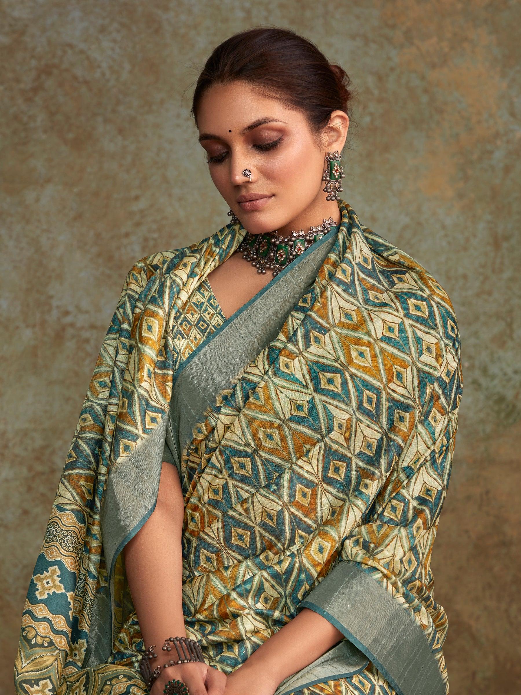 Attractive Cream Digital Printed Silk Festival Wear Saree With Blouse