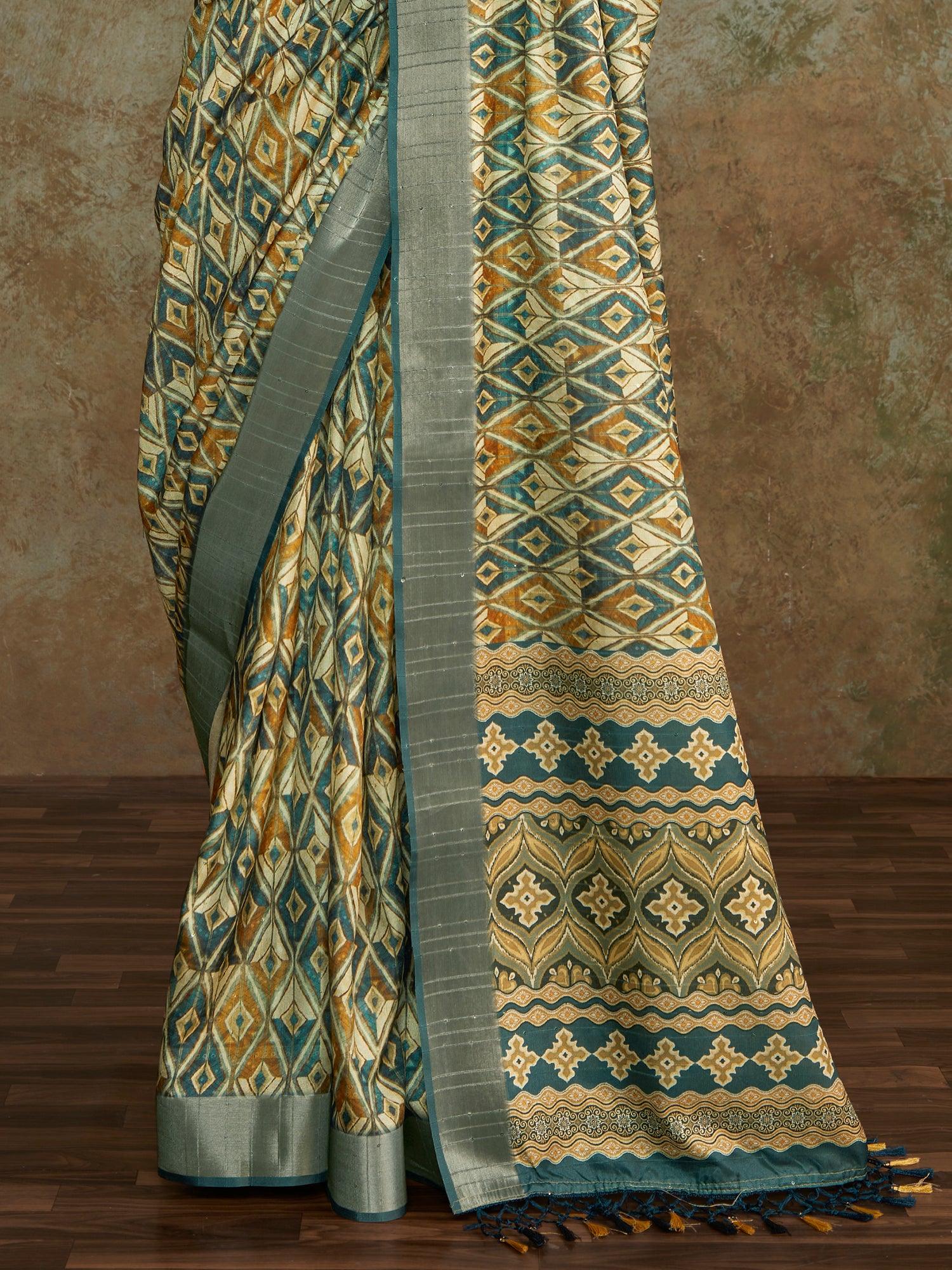Attractive Cream Digital Printed Silk Festival Wear Saree With Blouse