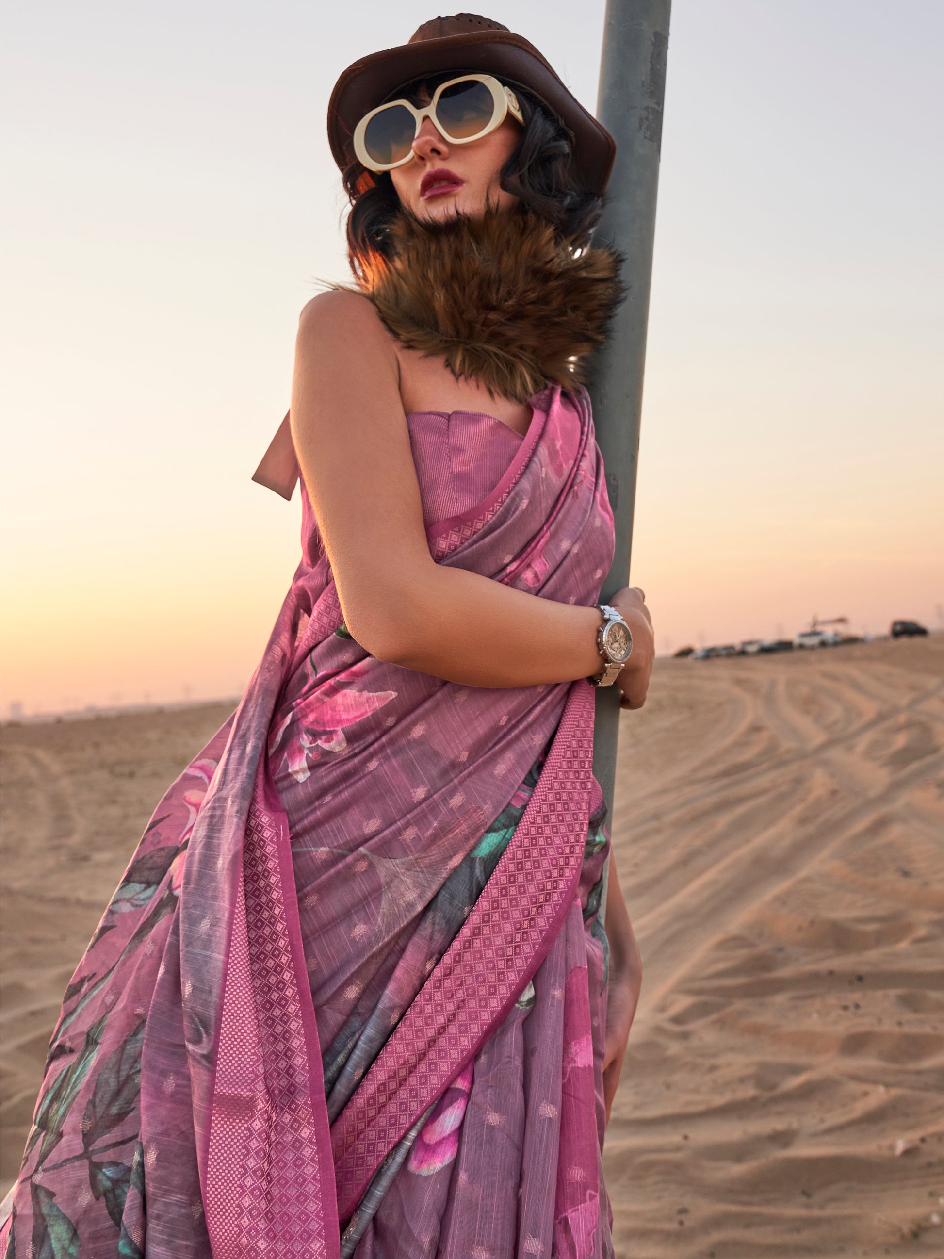 Beautiful Mauve Printed Linen Event Wear Saree With Blouse