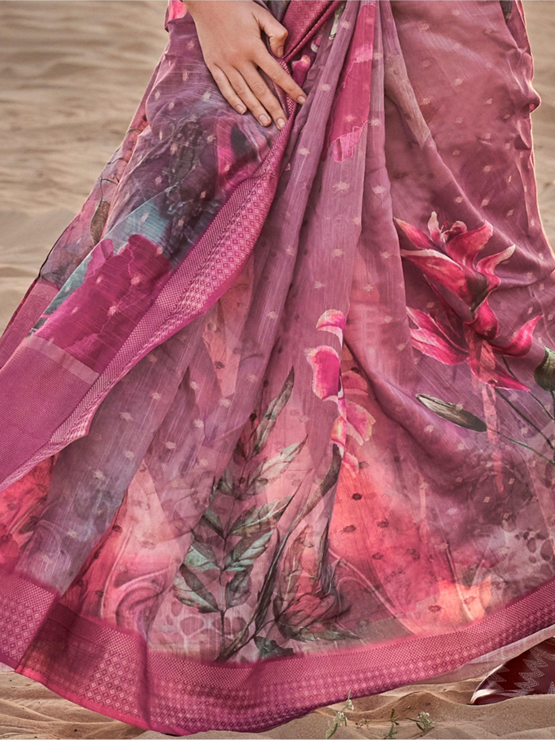 Beautiful Mauve Printed Linen Event Wear Saree With Blouse