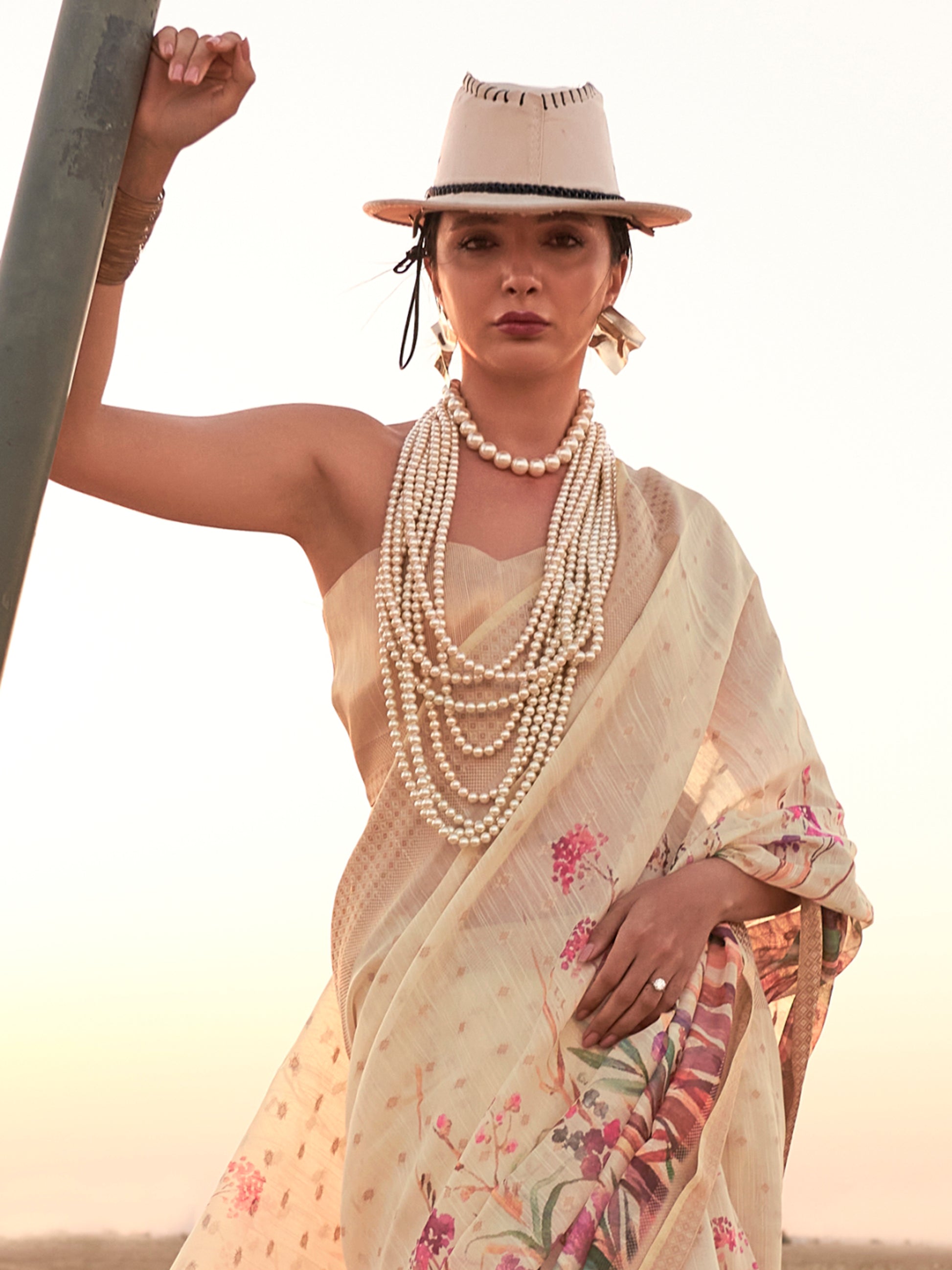 Attractive Cream Printed Linen Traditional Saree With Blouse