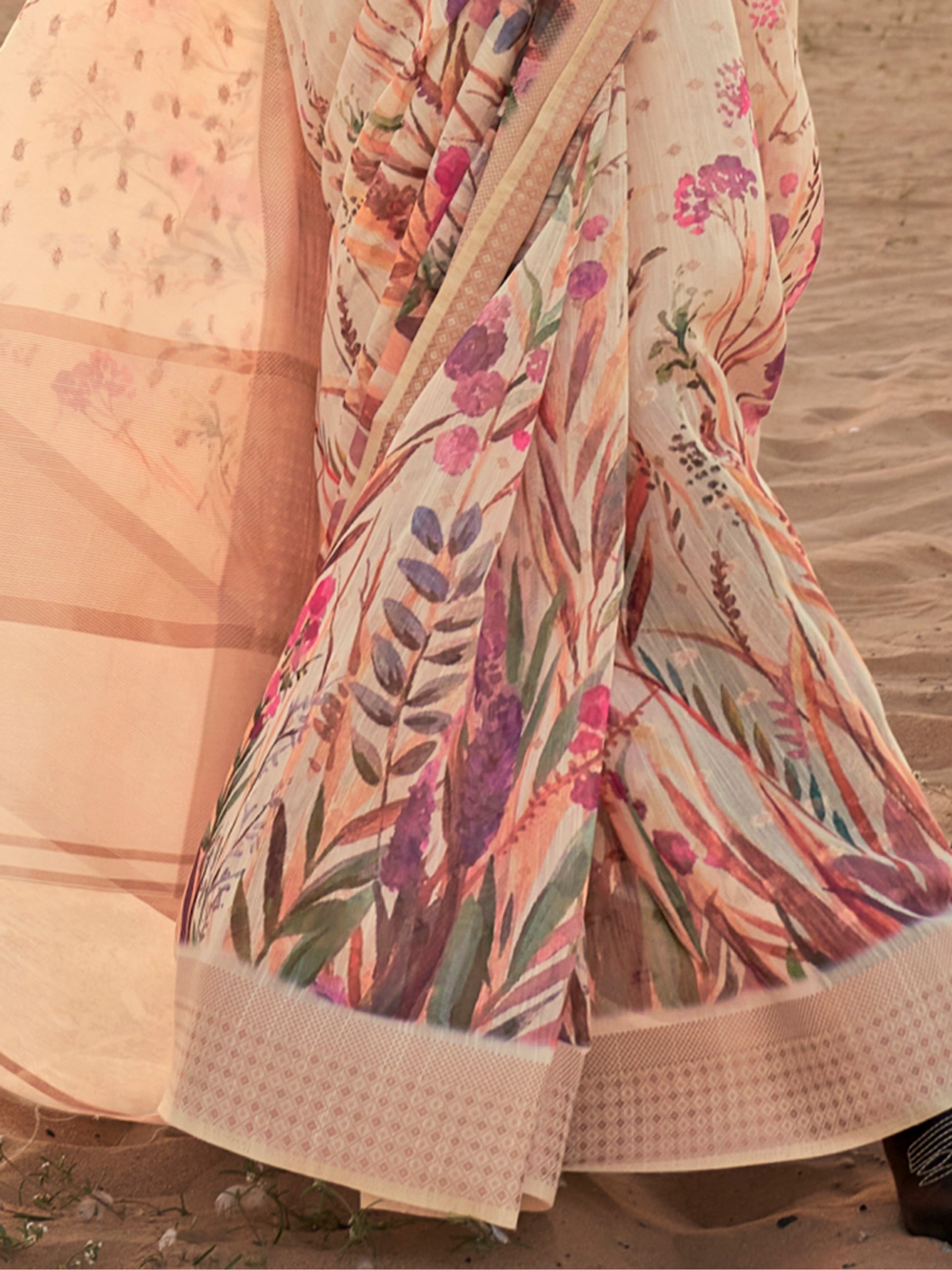 Attractive Cream Printed Linen Traditional Saree With Blouse