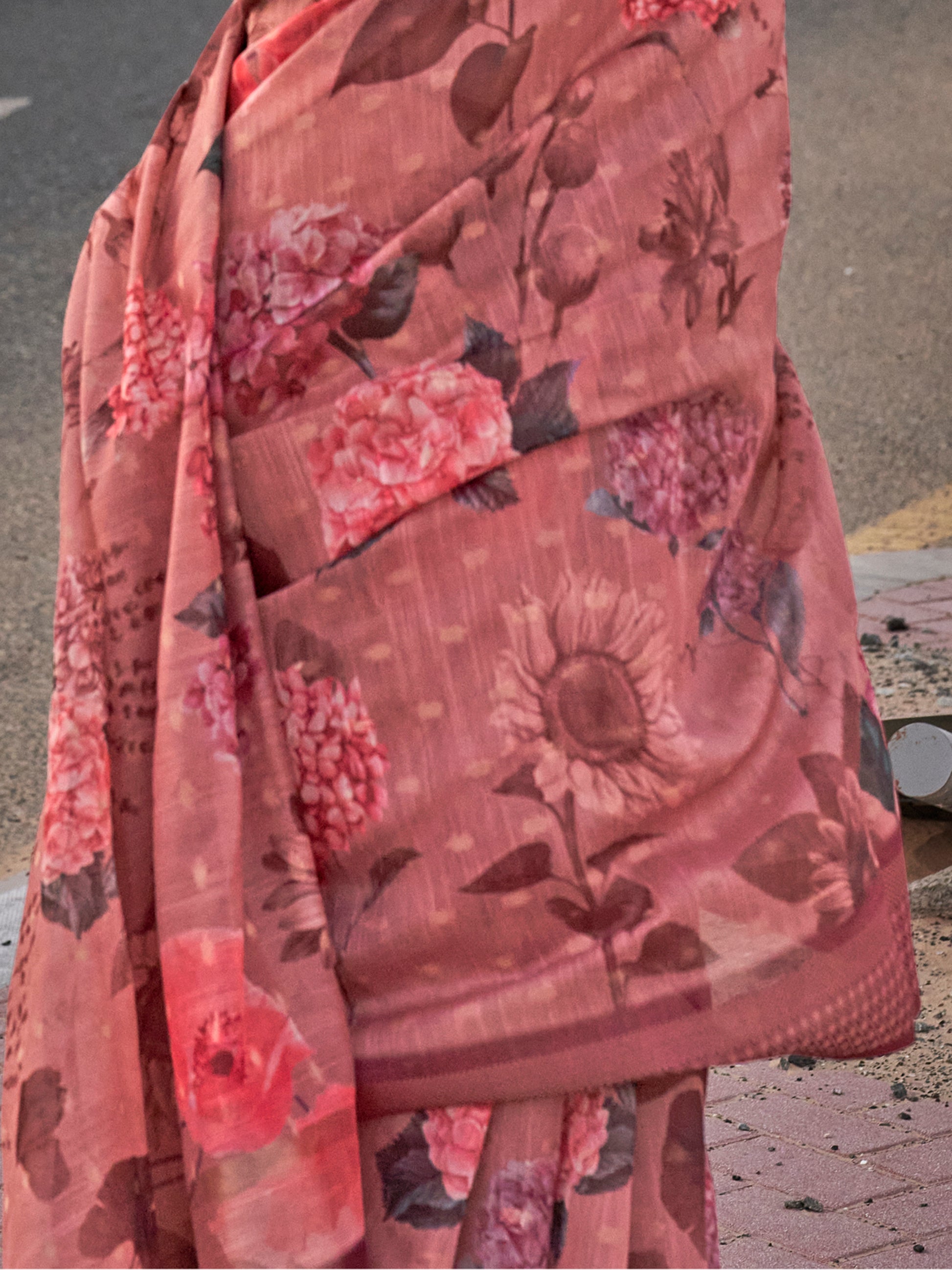 Stunning Dusty Pink Printed Linen Festival Wear Saree With Blouse