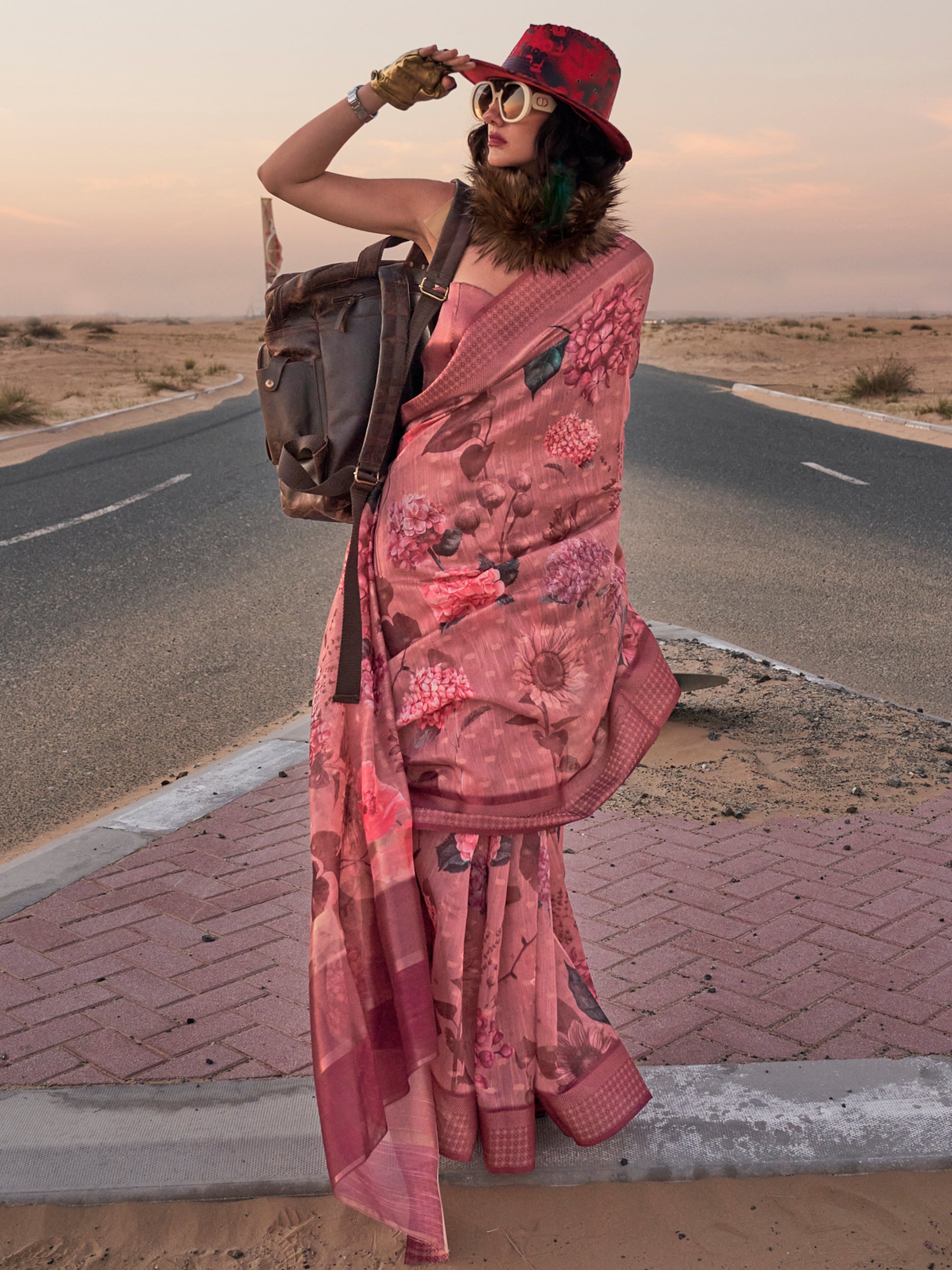 Stunning Dusty Pink Printed Linen Festival Wear Saree With Blouse