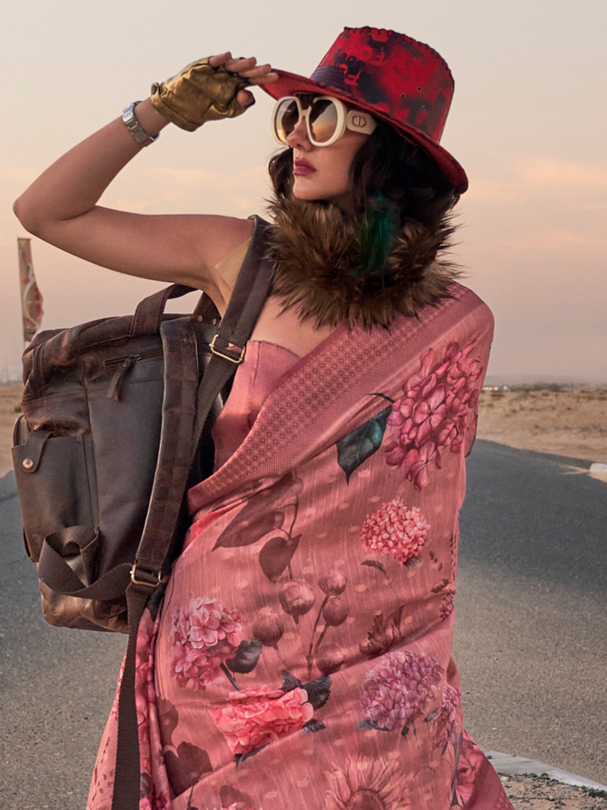 Stunning Dusty Pink Printed Linen Festival Wear Saree With Blouse