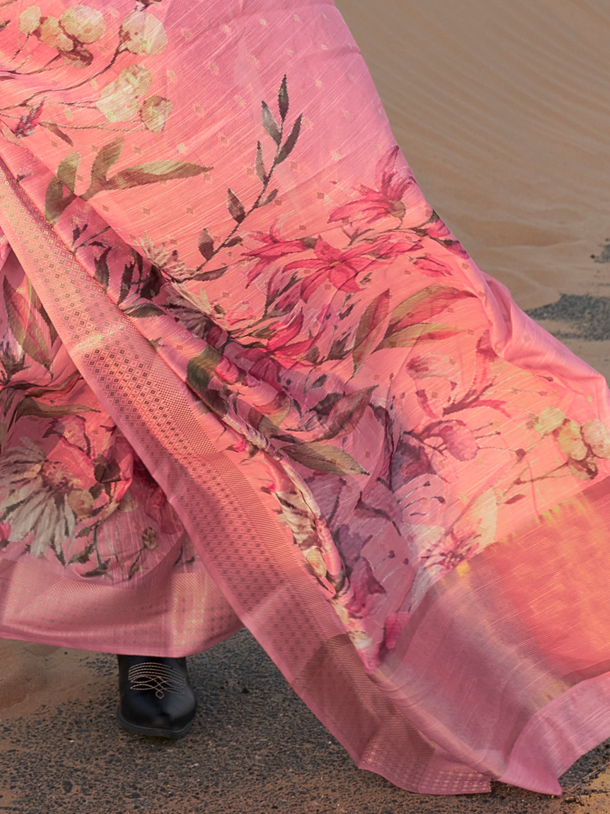 Fascinating Baby Pink Printed Linen Event Wear Saree With Blouse