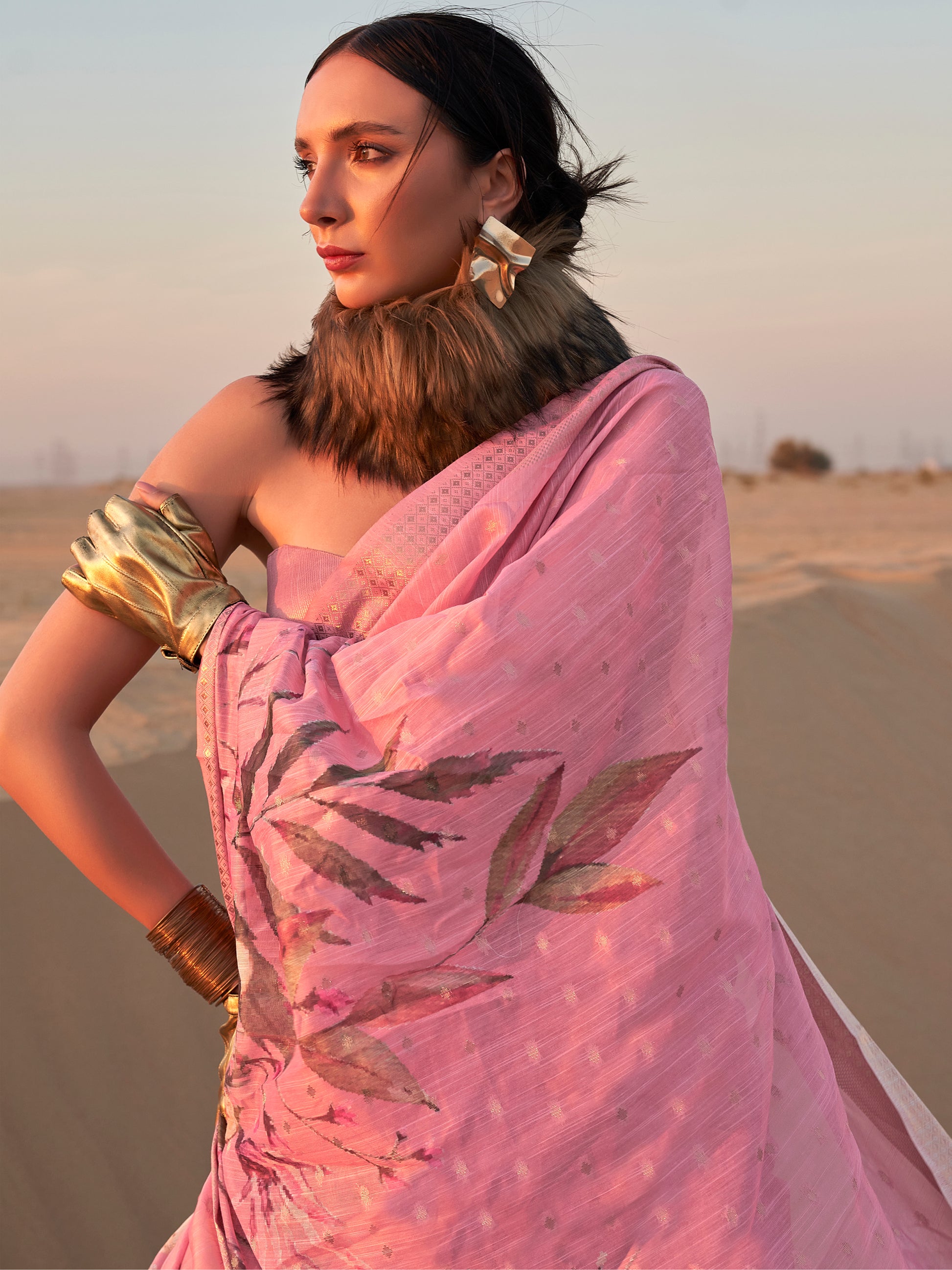 Fascinating Baby Pink Printed Linen Event Wear Saree With Blouse