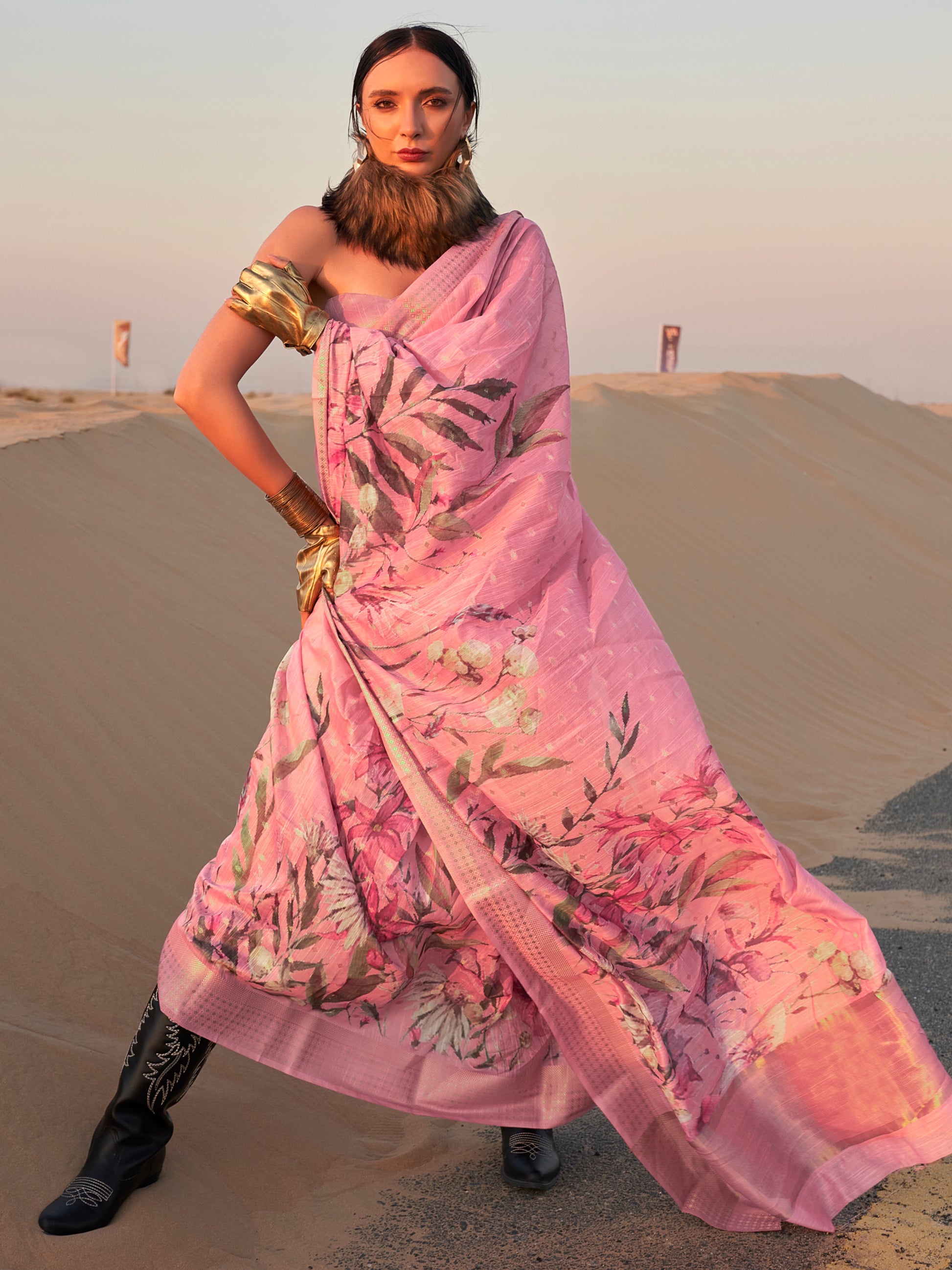 Fascinating Baby Pink Printed Linen Event Wear Saree With Blouse