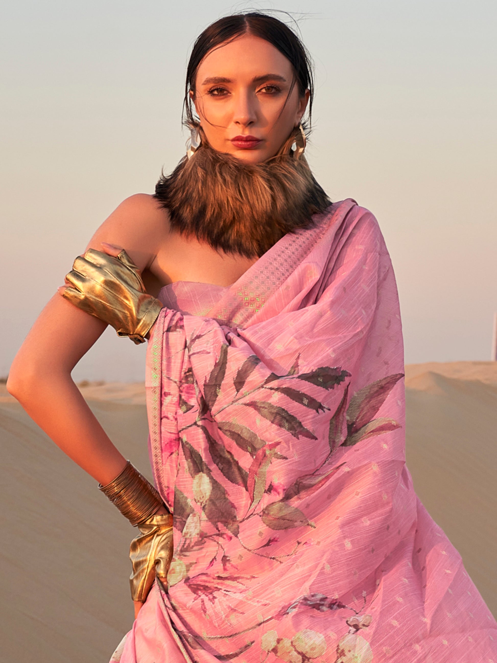 Fascinating Baby Pink Printed Linen Event Wear Saree With Blouse