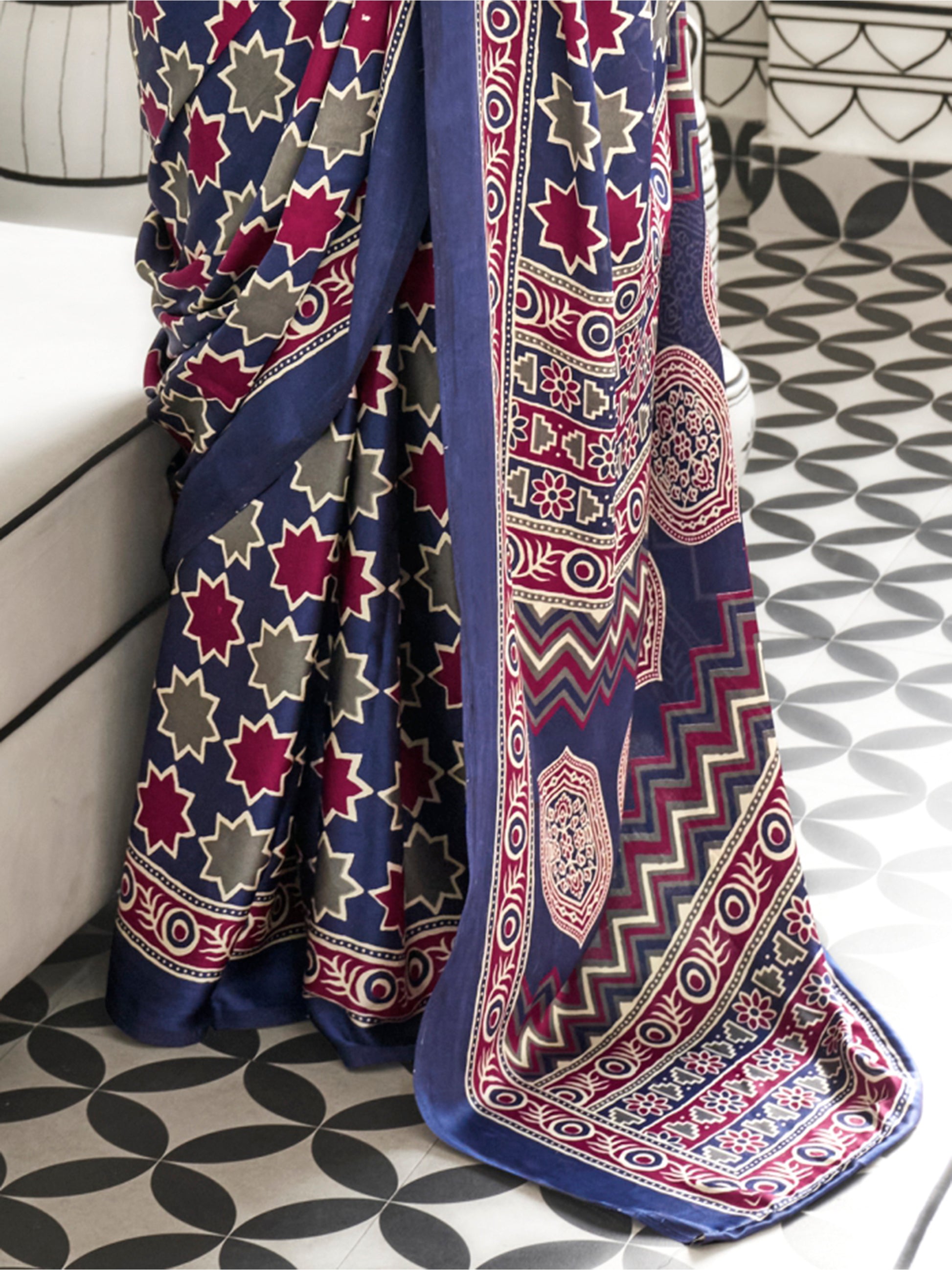 Awesome Purple Printed Satin Casual Wear Saree With Blouse