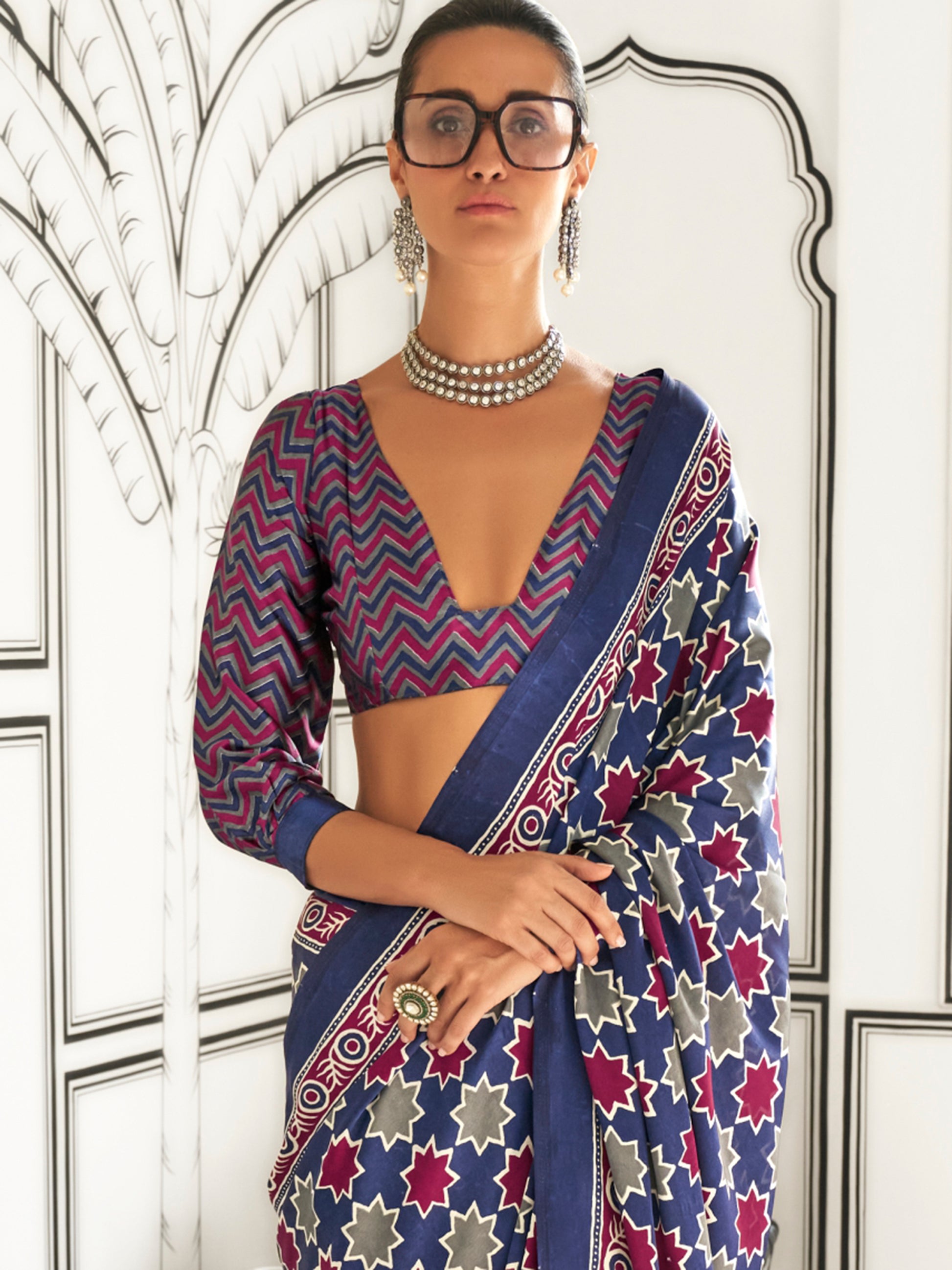 Awesome Purple Printed Satin Casual Wear Saree With Blouse
