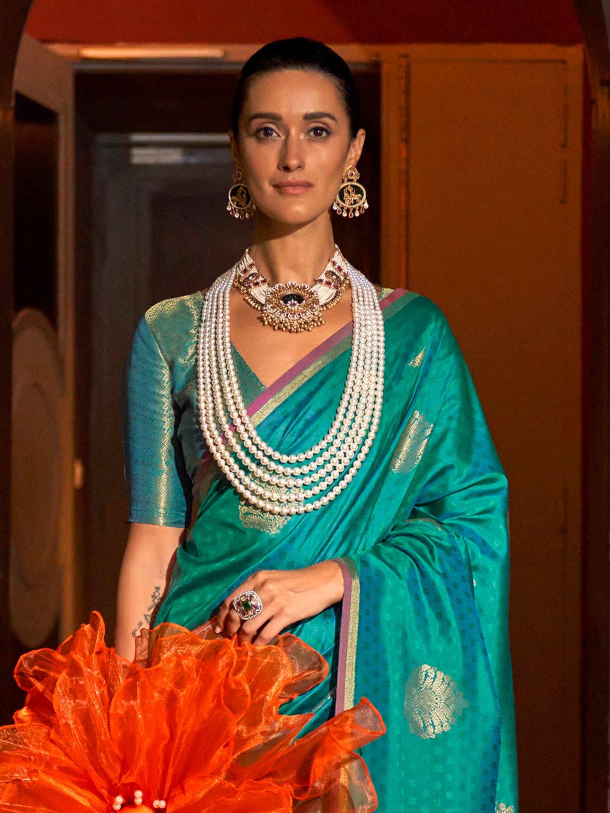 Gorgeous Teal Green Weaving Silk Festival Wear Saree With Blouse