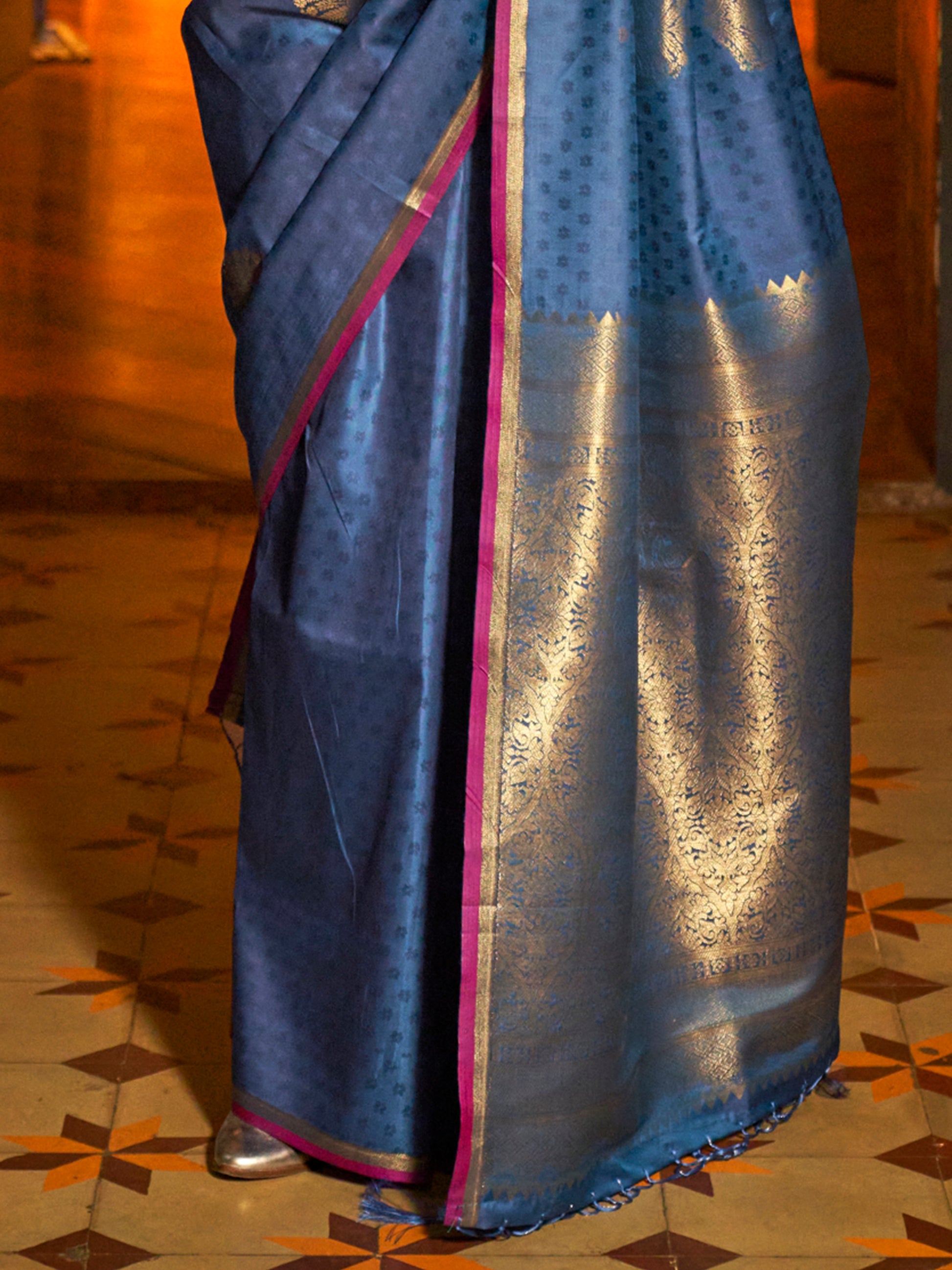 Fascinating Navy Blue Zari Weaving Silk Festival Wear Saree With Blouse