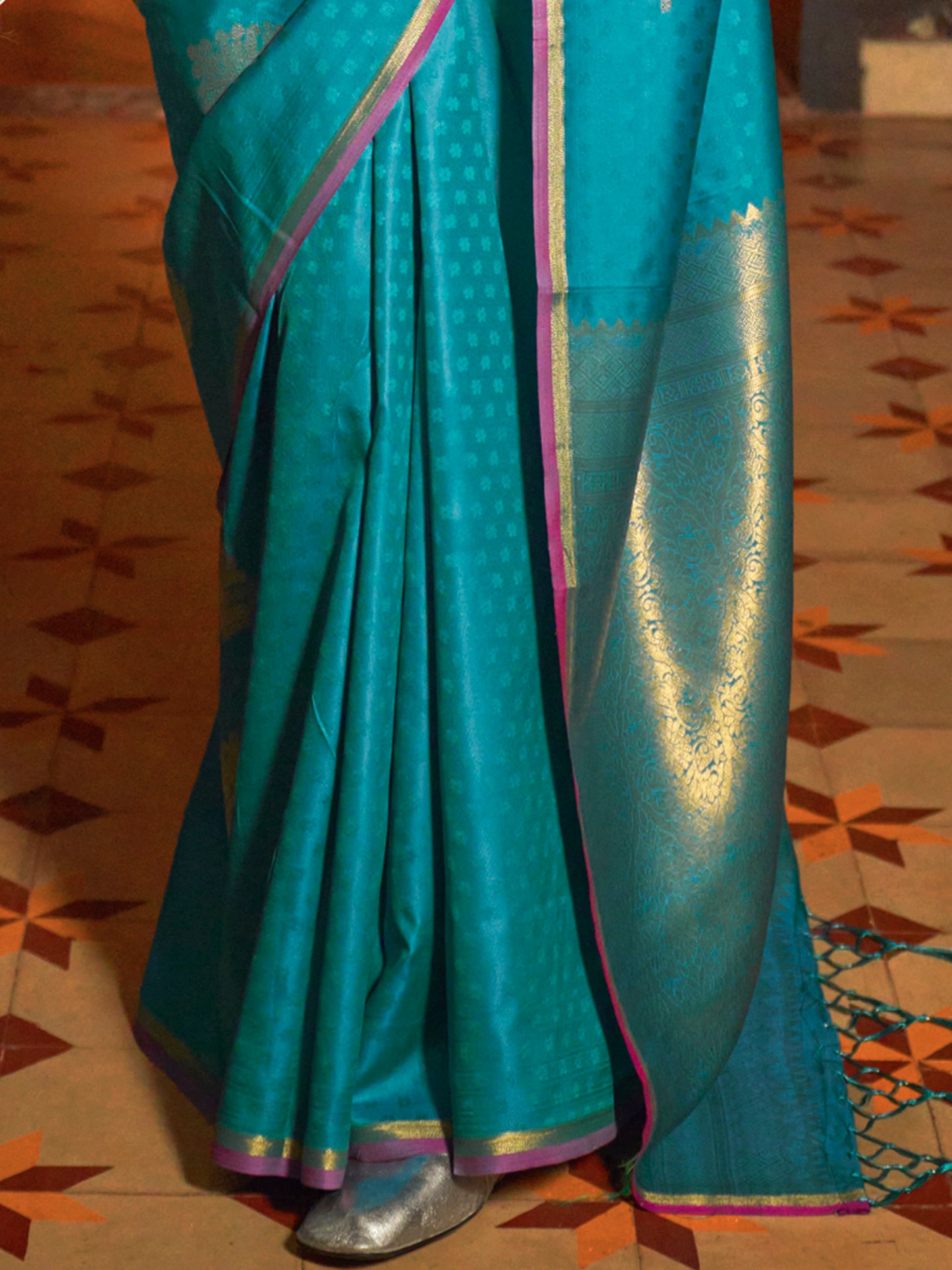 Beautiful Sky Blue Zari Weaving Silk Traditional Saree With Blouse