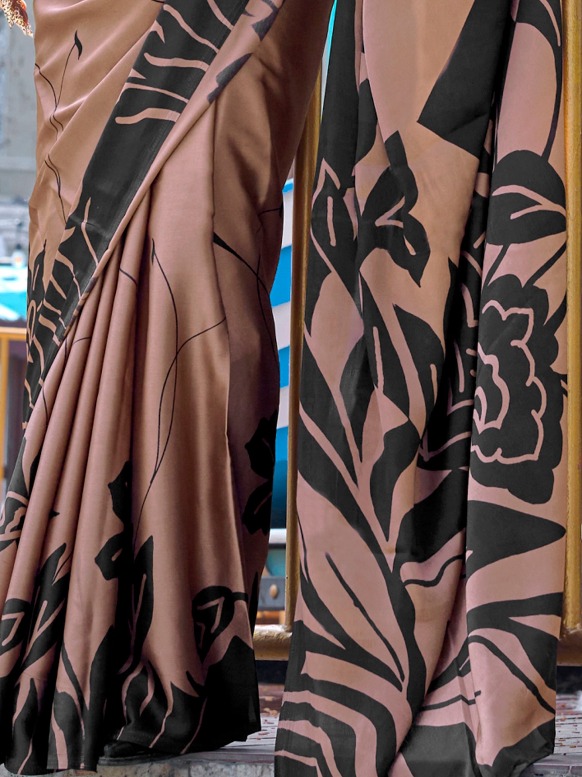 Incredible Brown Printed Satin Office Wear Saree With Blouse