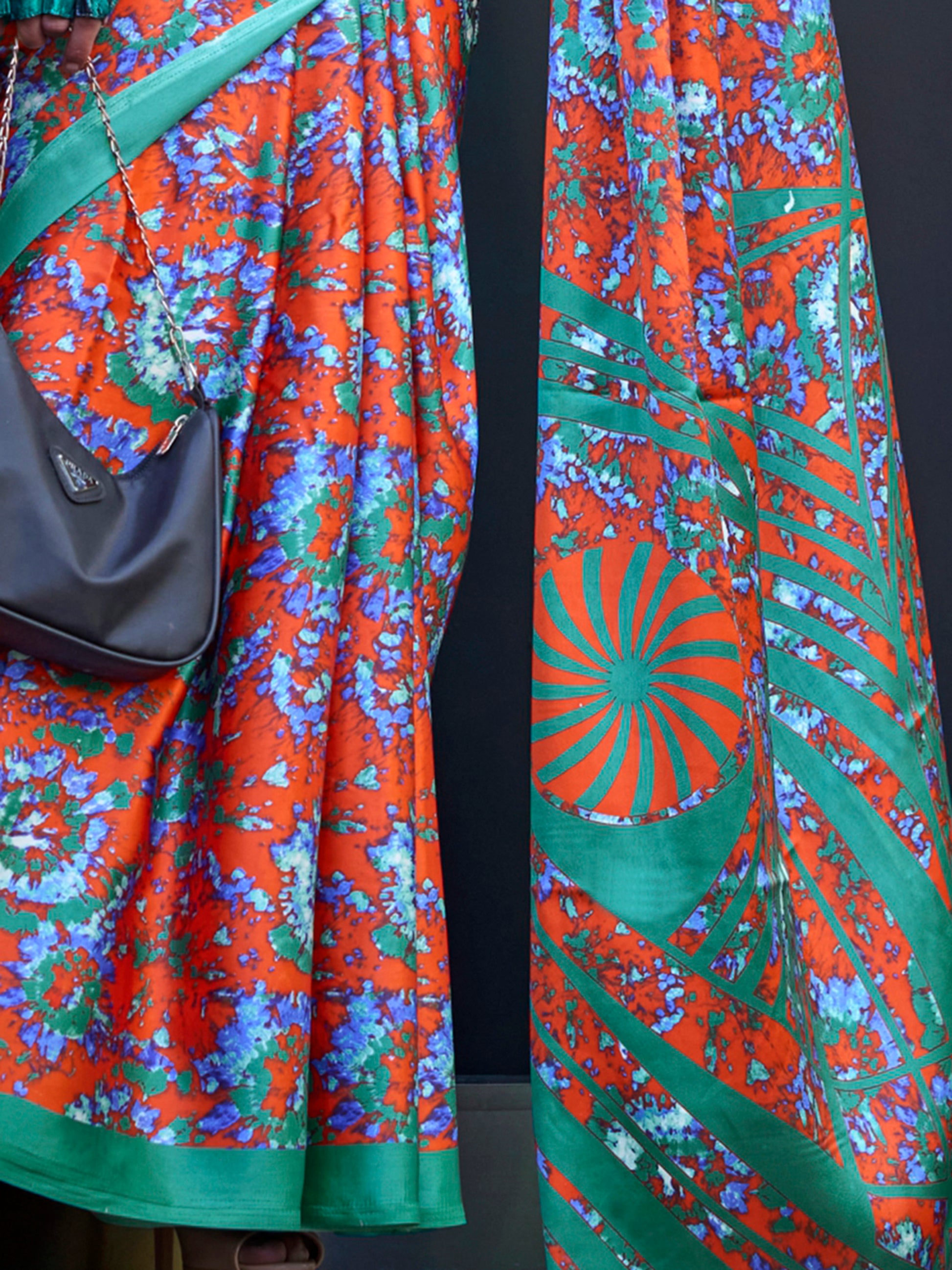 Wonderful Orange Printed Satin Festival Wear Saree With Blouse