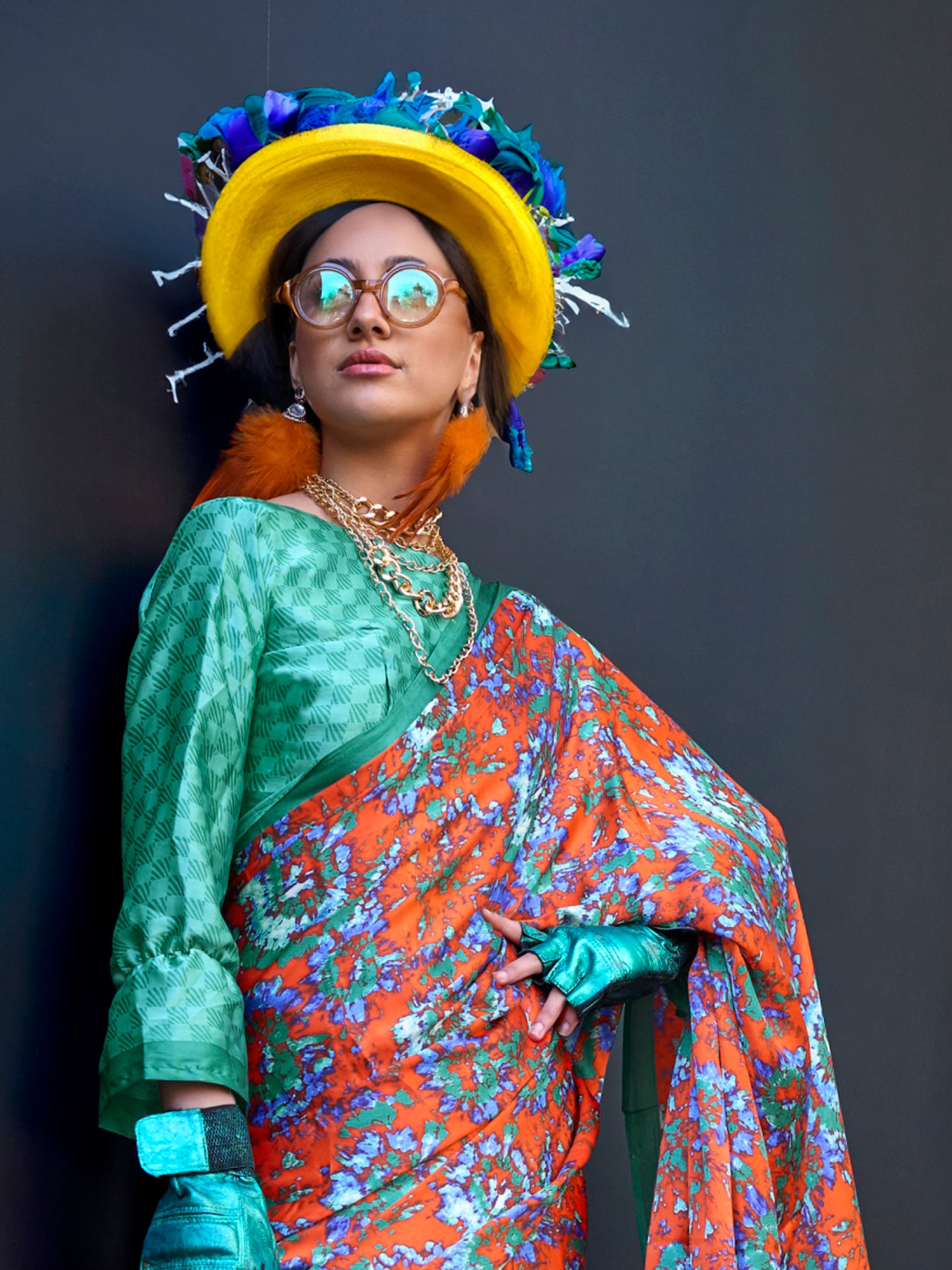 Wonderful Orange Printed Satin Festival Wear Saree With Blouse
