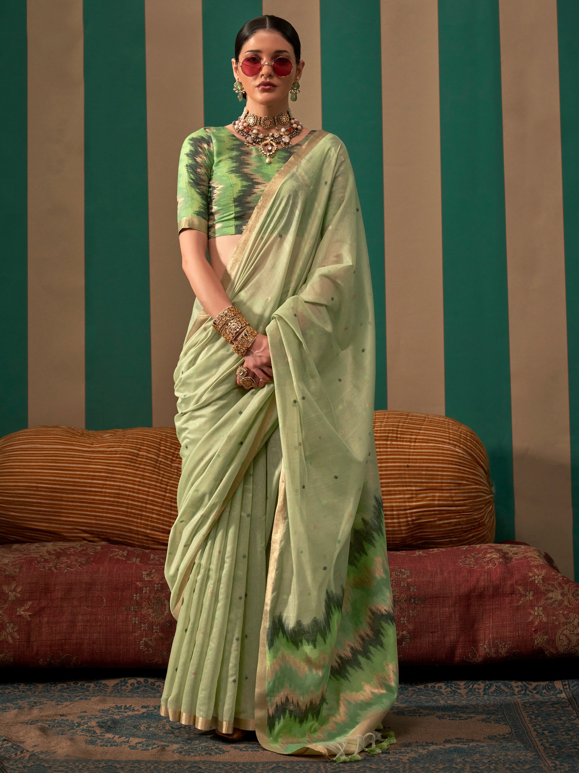 Captivating Pista Green Zari Weaving Silk Festival Wear Saree With Blouse