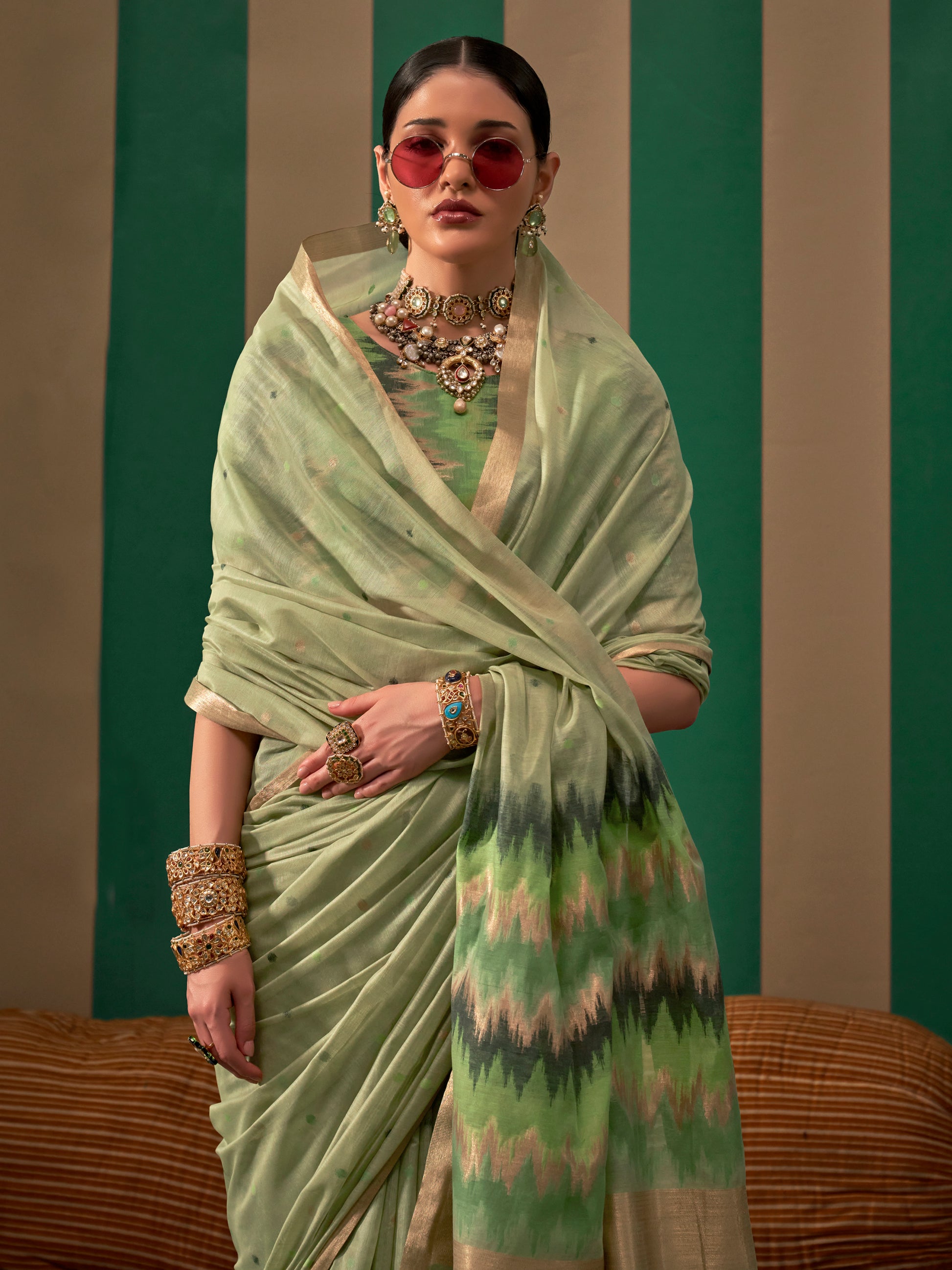 Captivating Pista Green Zari Weaving Silk Festival Wear Saree With Blouse