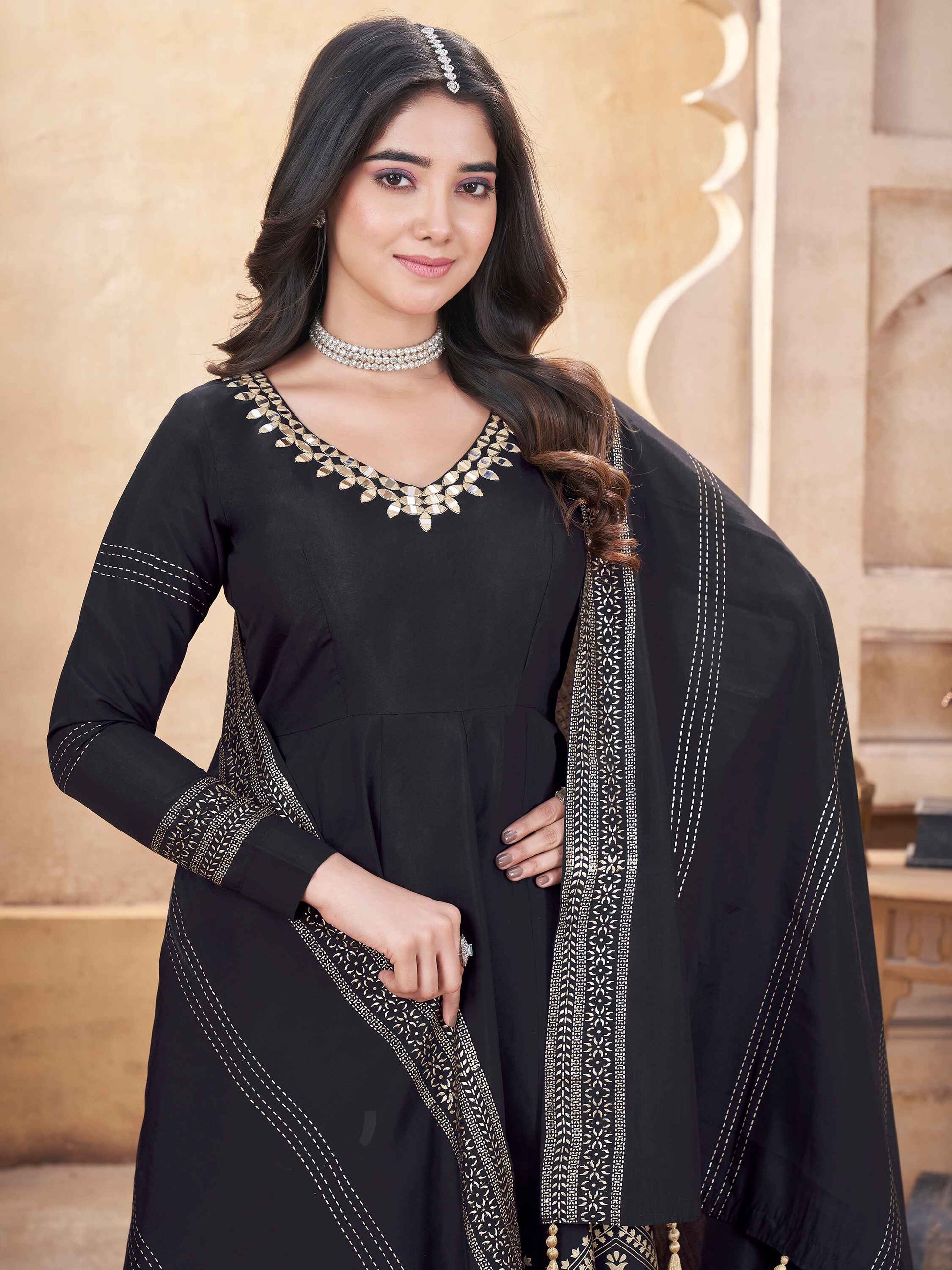 Attractive Black Foil Printed Silk Anarkali Suit Palazzo With Dupatta