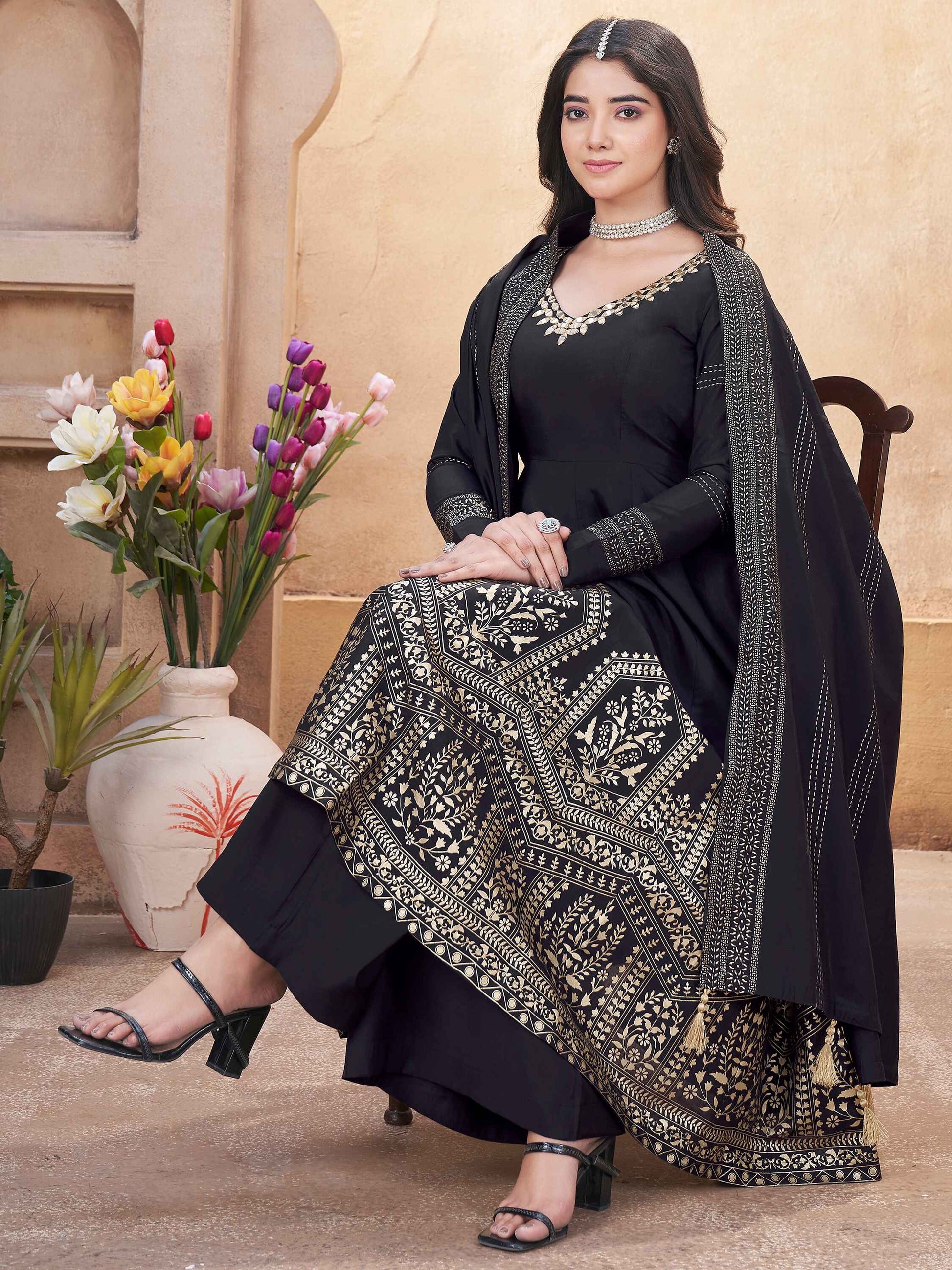Attractive Black Foil Printed Silk Anarkali Suit Palazzo With Dupatta
