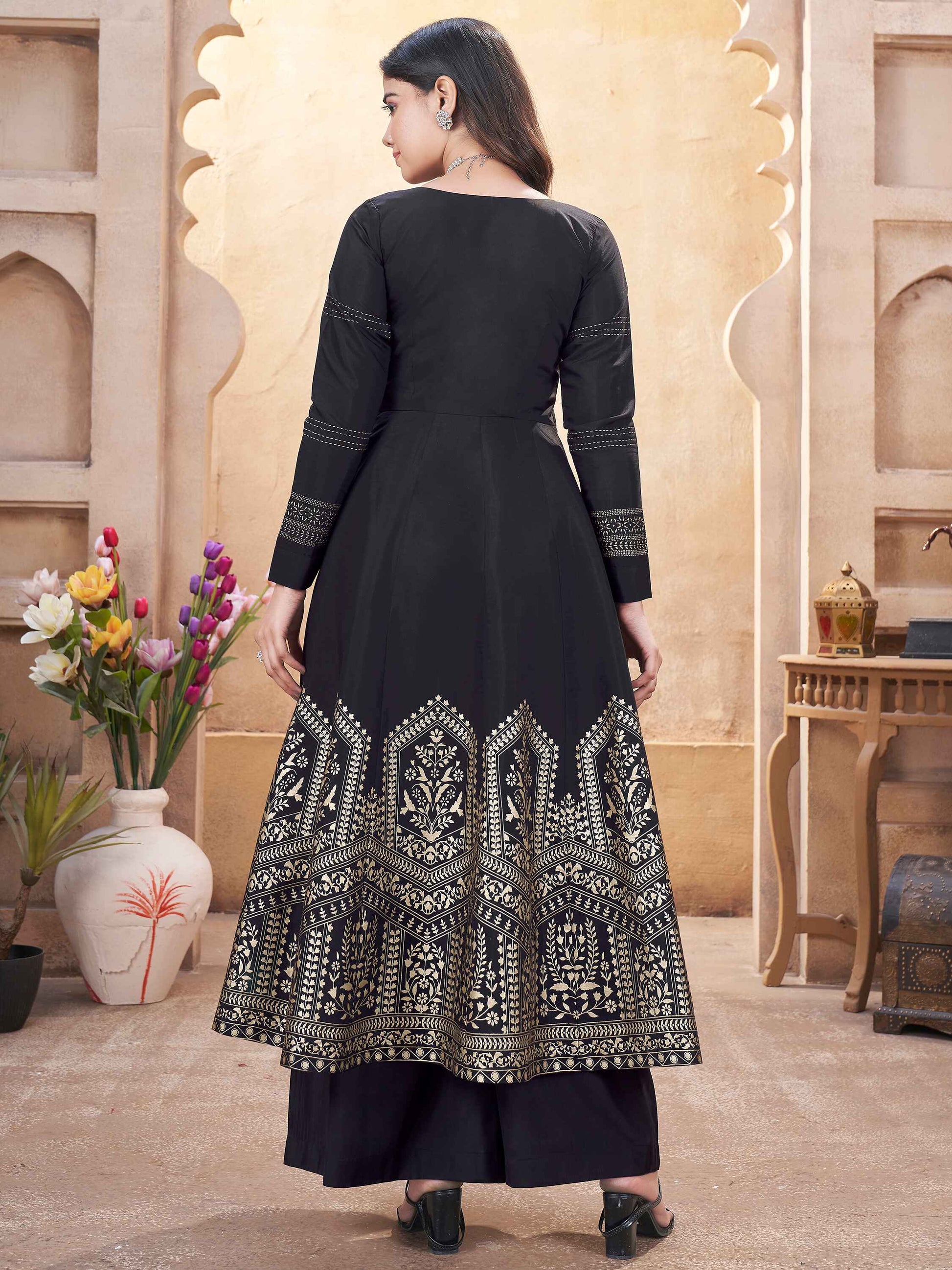 Attractive Black Foil Printed Silk Anarkali Suit Palazzo With Dupatta
