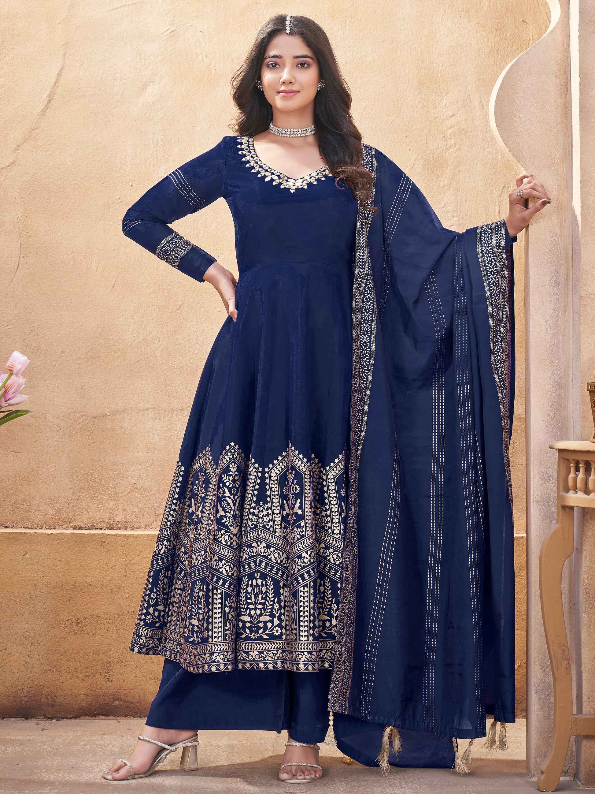 Beautiful Navy Blue Foil Printed Silk Function Wear Anarkali Suit Palazzo