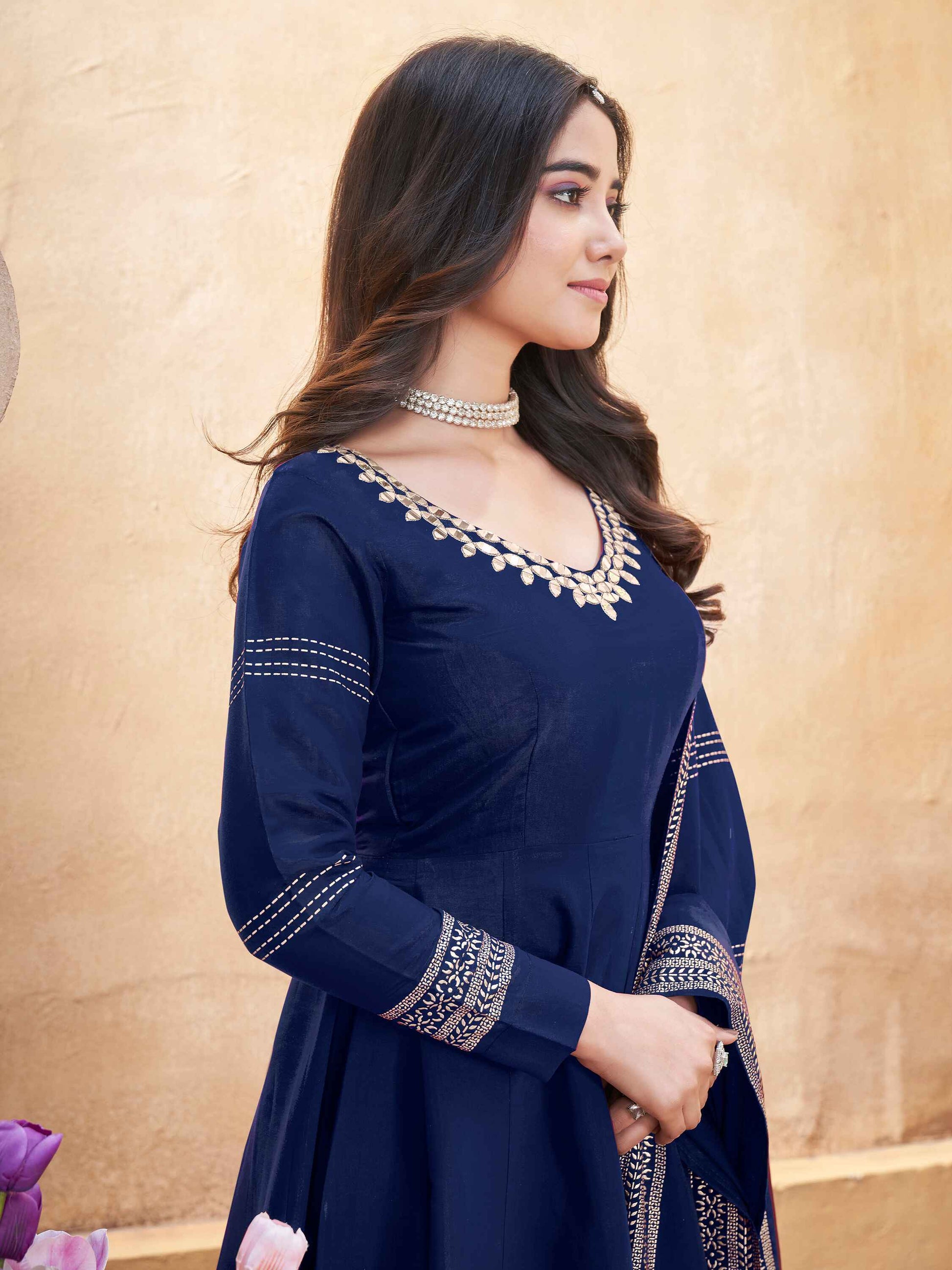 Beautiful Navy Blue Foil Printed Silk Function Wear Anarkali Suit Palazzo