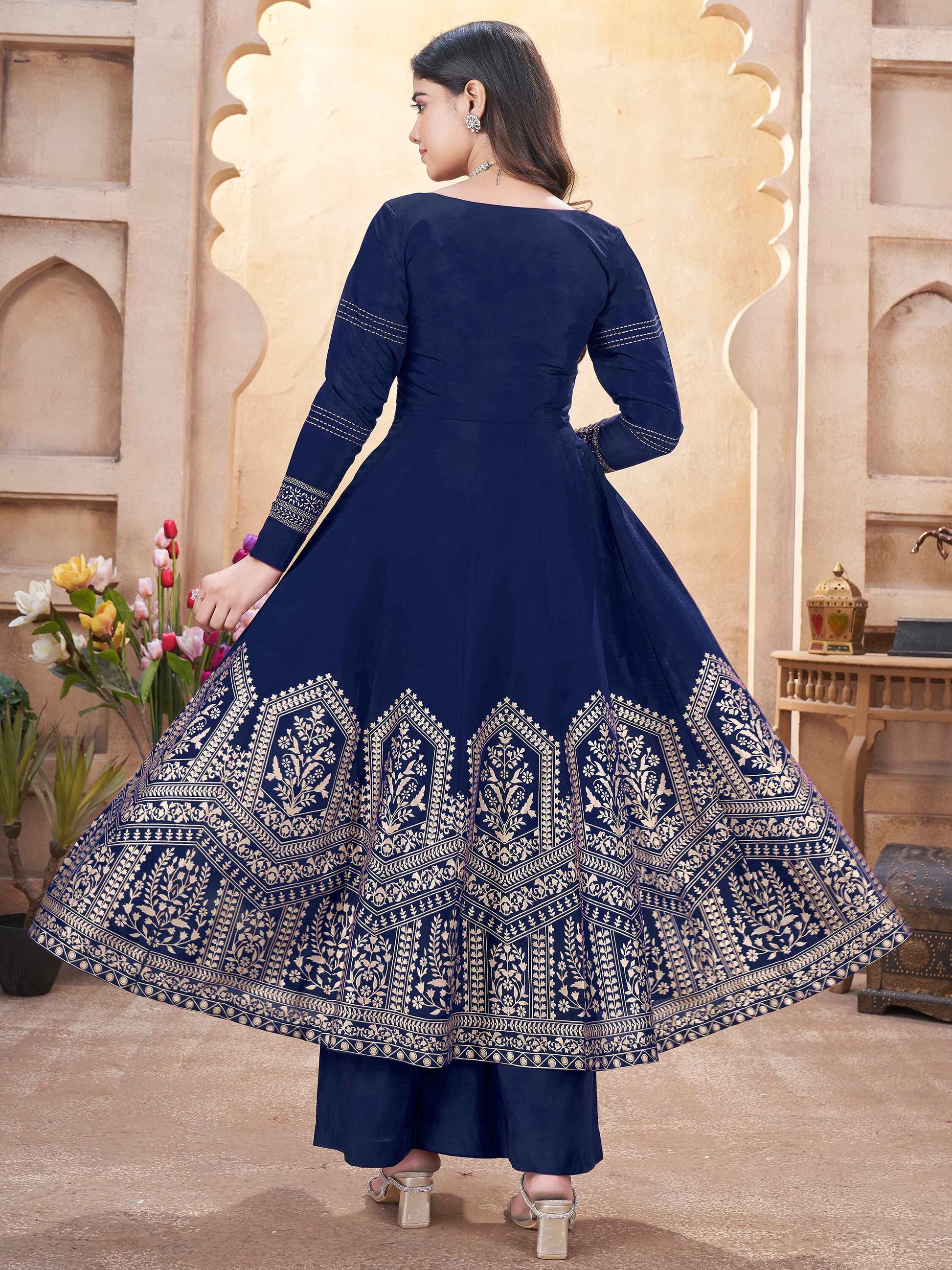 Beautiful Navy Blue Foil Printed Silk Function Wear Anarkali Suit Palazzo