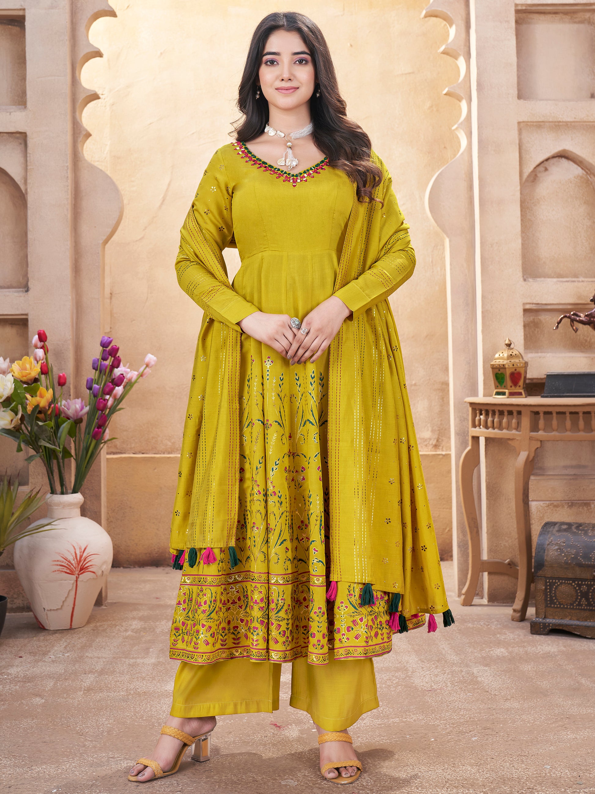 Enchanting Mustard Yellow Foil Printed Roman Silk Eid Special Anarkali Suit