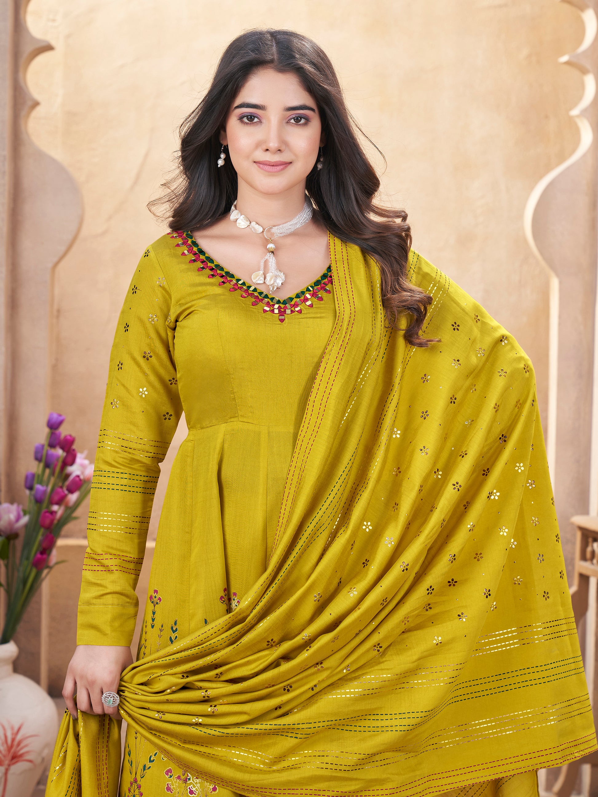 Enchanting Mustard Yellow Foil Printed Roman Silk Eid Special Anarkali Suit