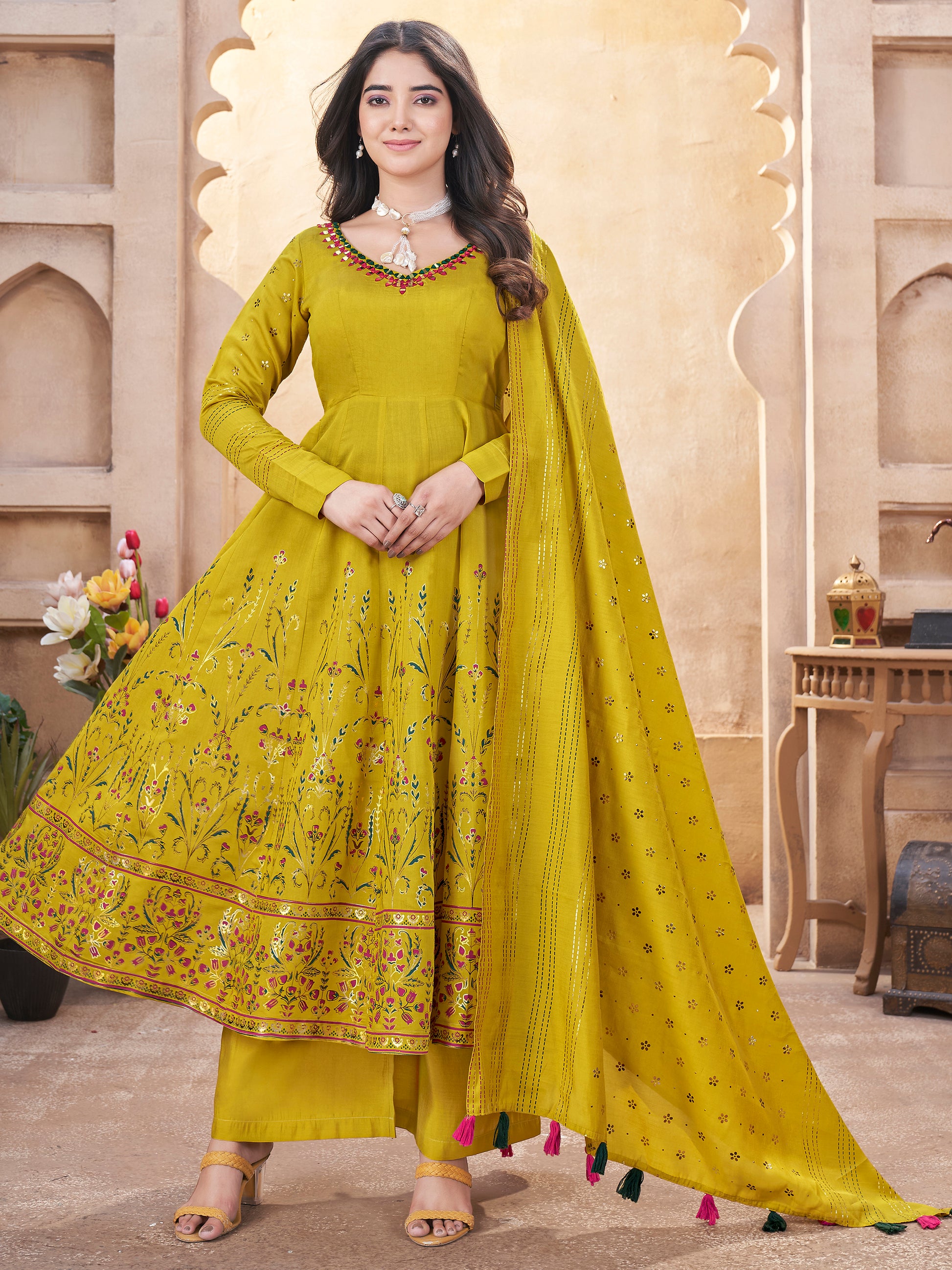 Enchanting Mustard Yellow Foil Printed Roman Silk Eid Special Anarkali Suit