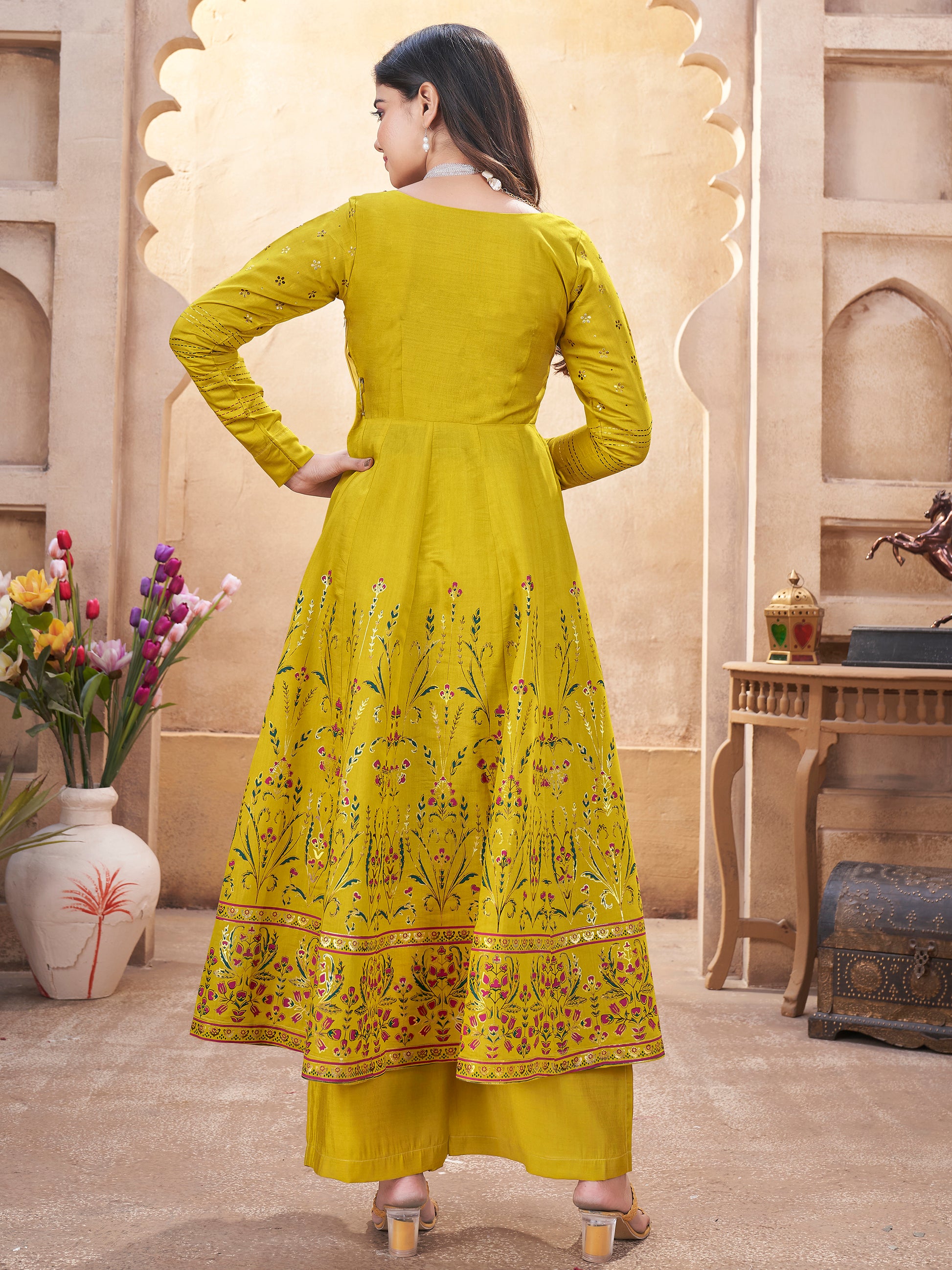 Enchanting Mustard Yellow Foil Printed Roman Silk Eid Special Anarkali Suit