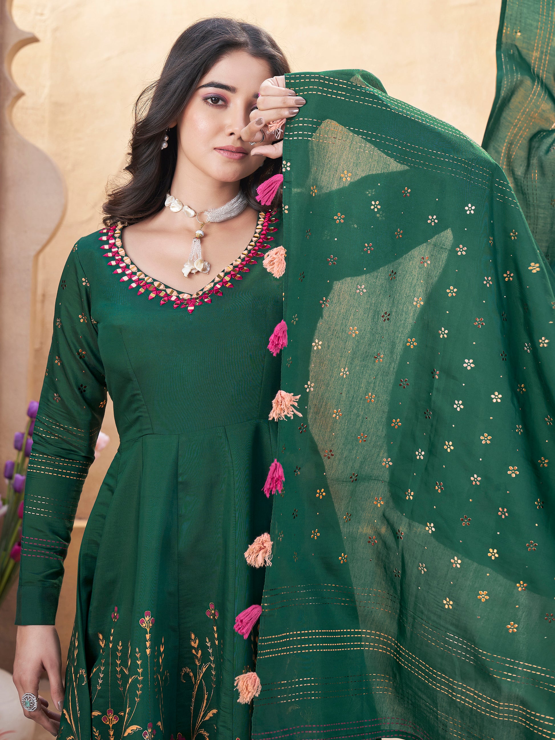 Dazzling Bottle Green Foil Printed Roman Silk Festive Wear Anarkali Suit