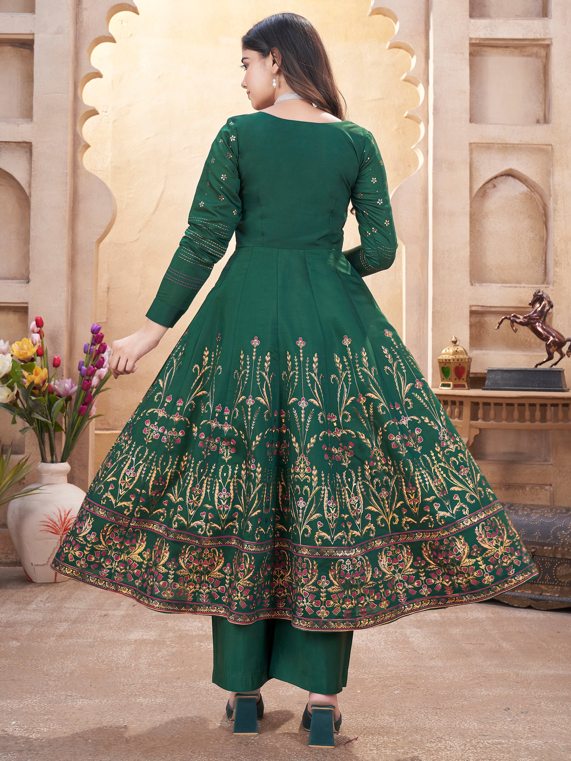 Dazzling Bottle Green Foil Printed Roman Silk Festive Wear Anarkali Suit