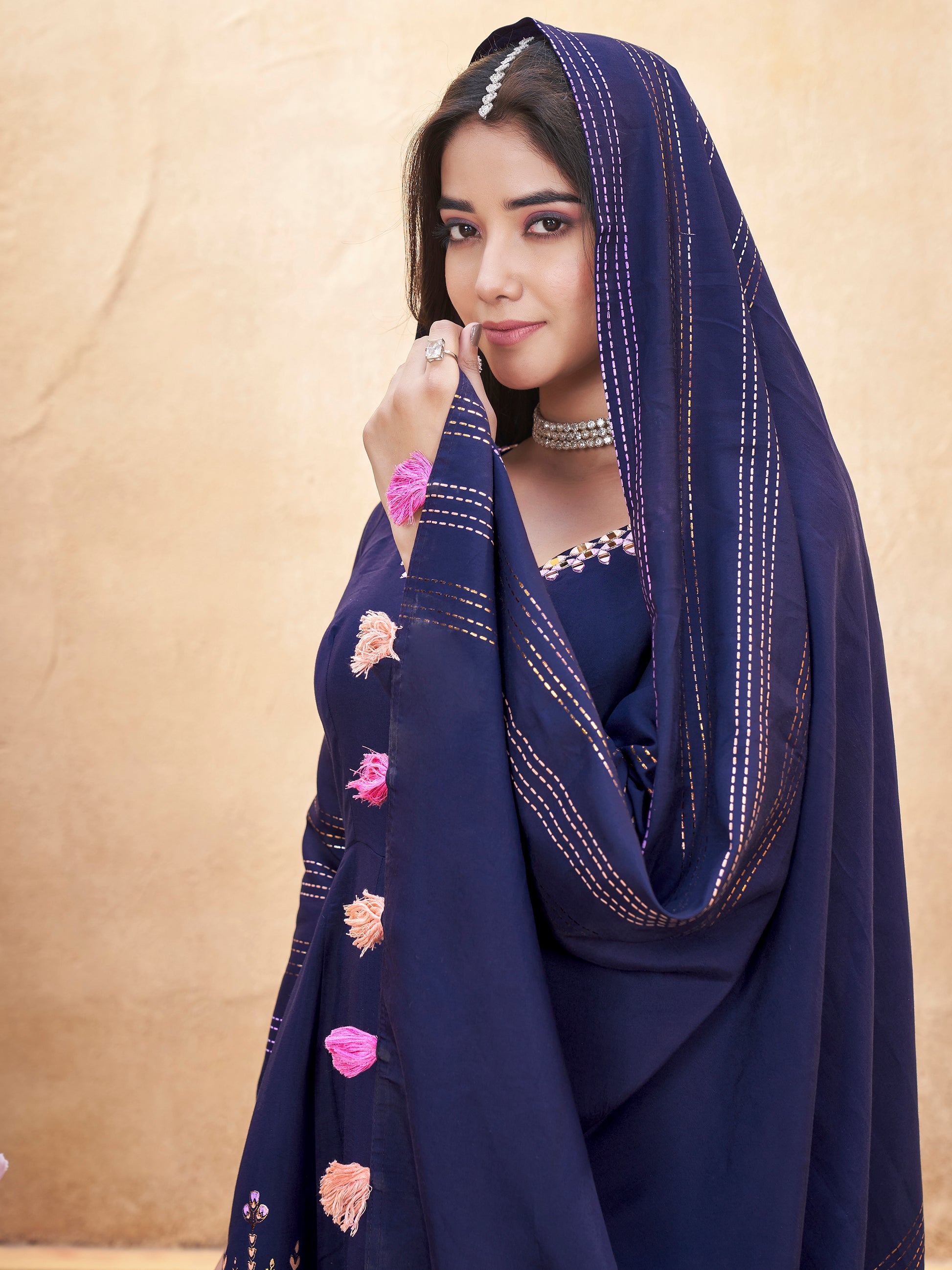 Pretty Navy Blue Foil Printed Roman Silk Traditional Anarkali Suit With Dupatta