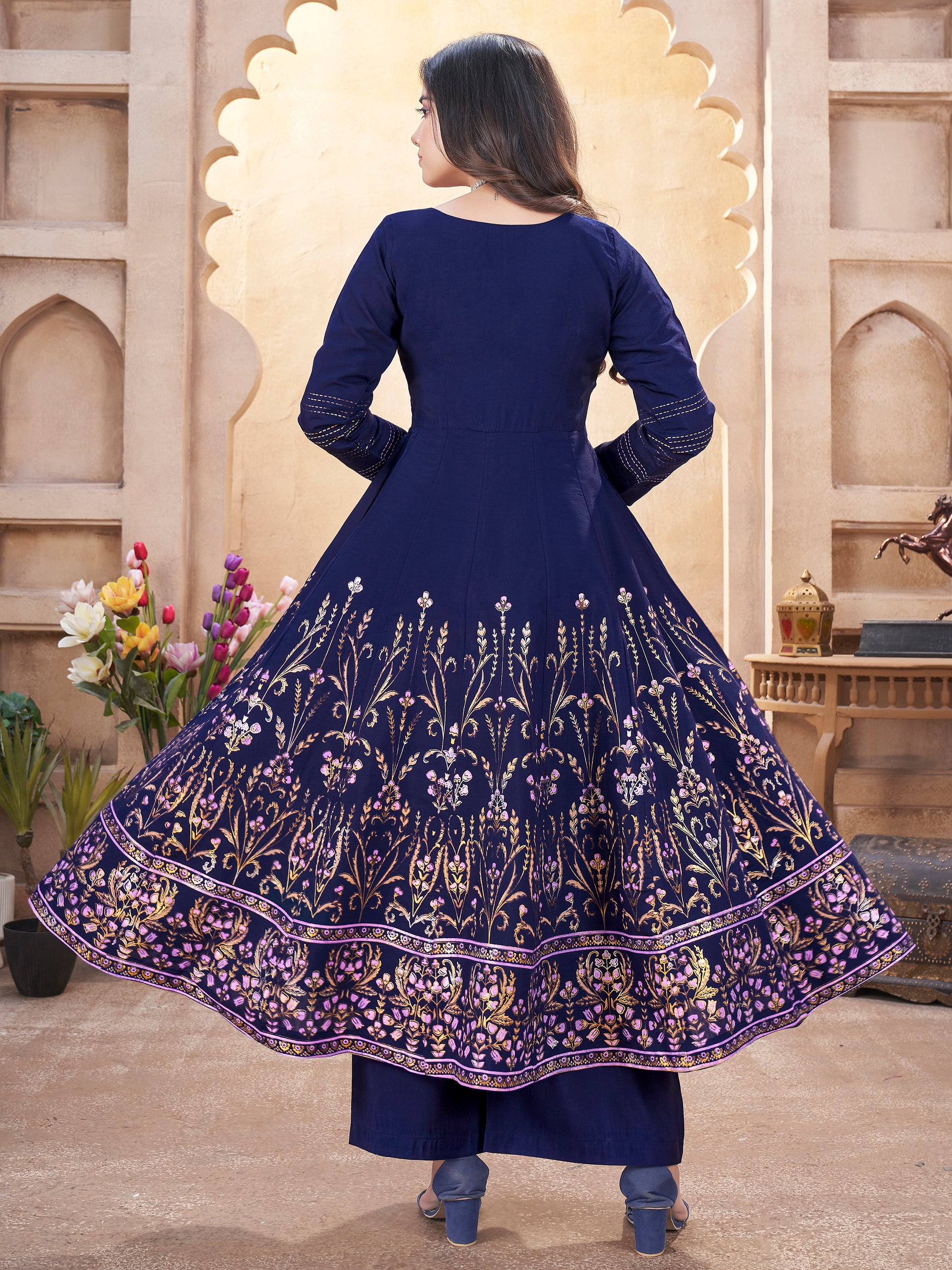 Pretty Navy Blue Foil Printed Roman Silk Traditional Anarkali Suit With Dupatta
