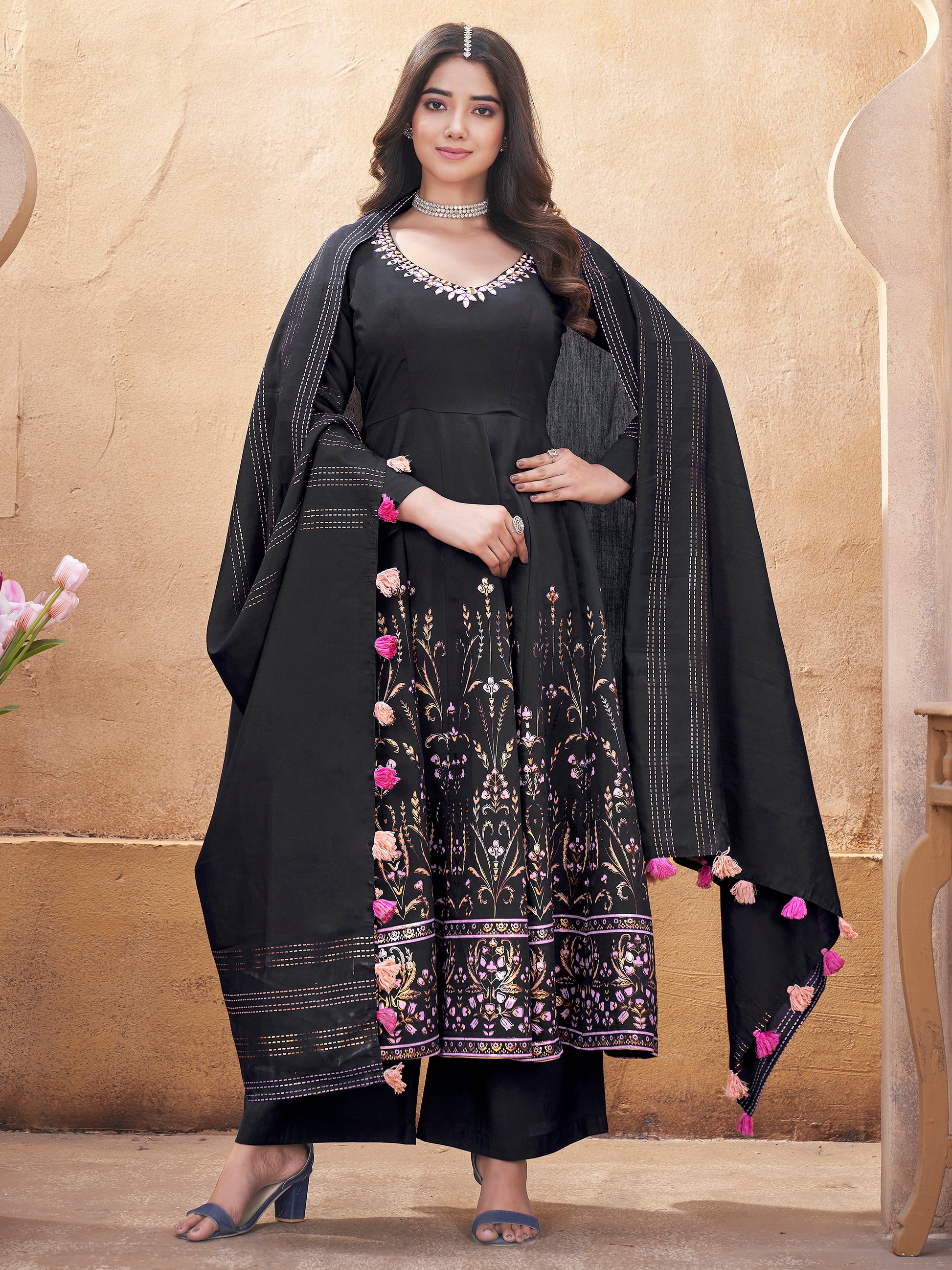 captivating Black Foil Printed Roman Silk Anarkali Suit With Dupatta