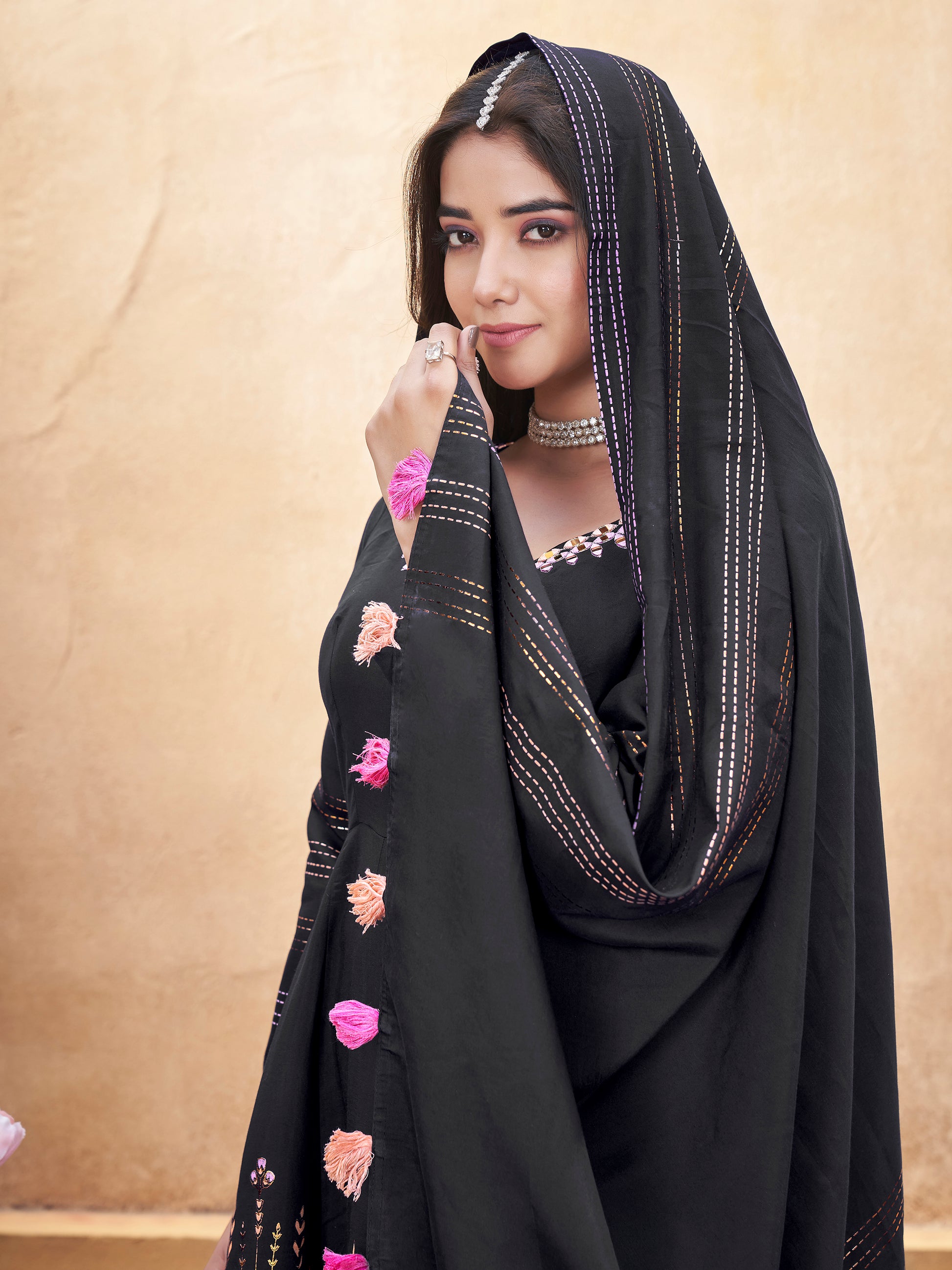 captivating Black Foil Printed Roman Silk Anarkali Suit With Dupatta