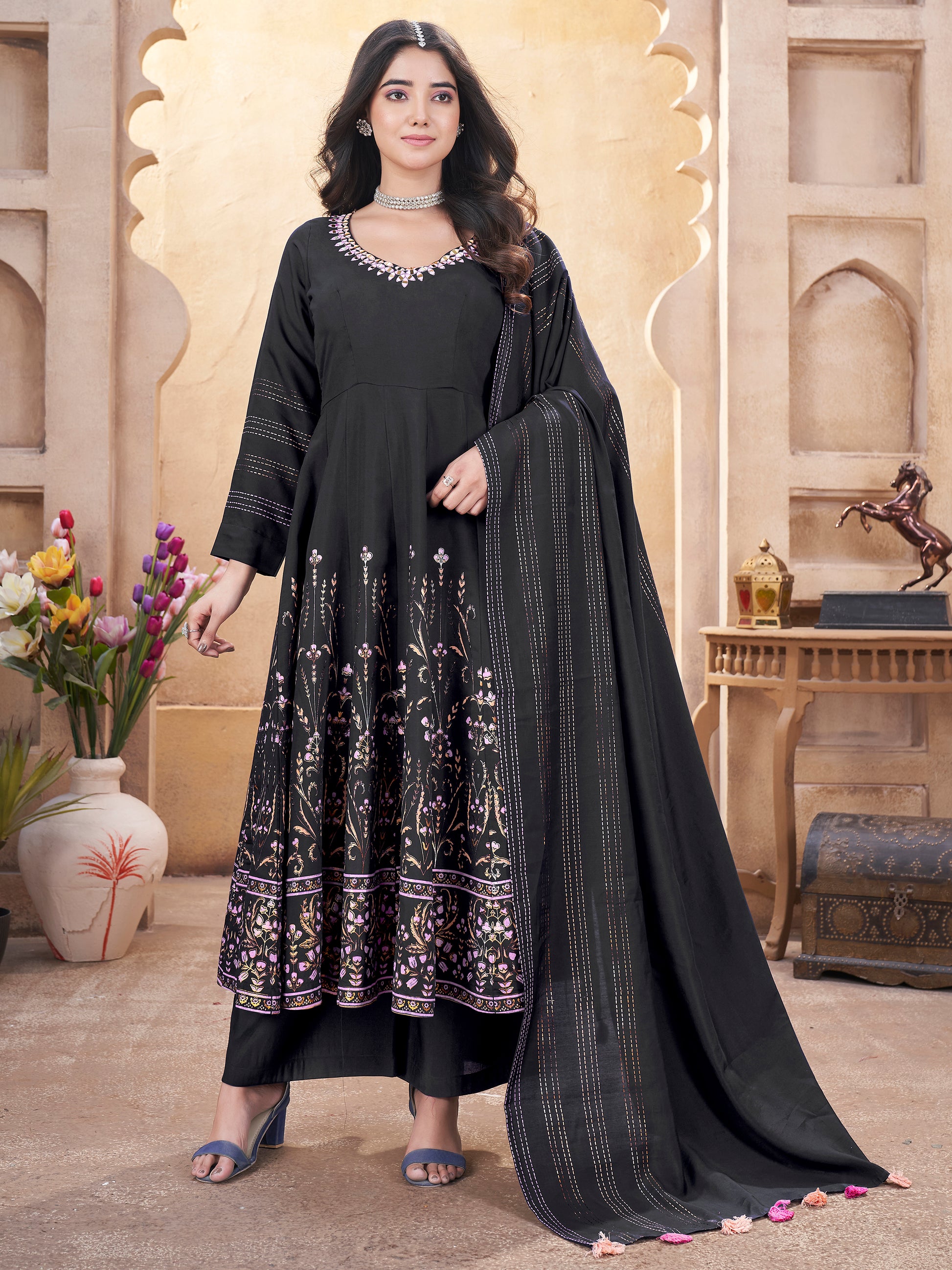 captivating Black Foil Printed Roman Silk Anarkali Suit With Dupatta