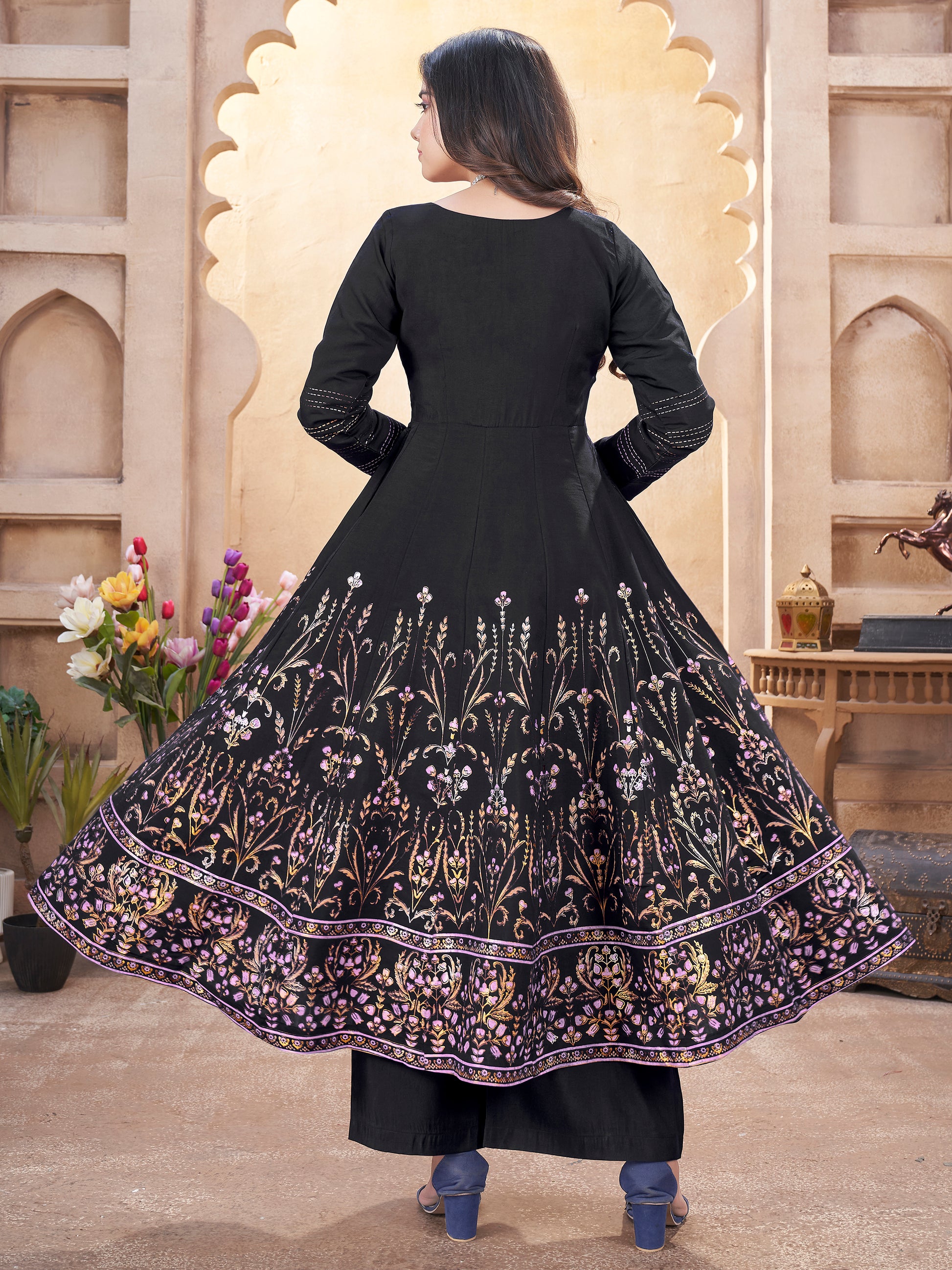 captivating Black Foil Printed Roman Silk Anarkali Suit With Dupatta