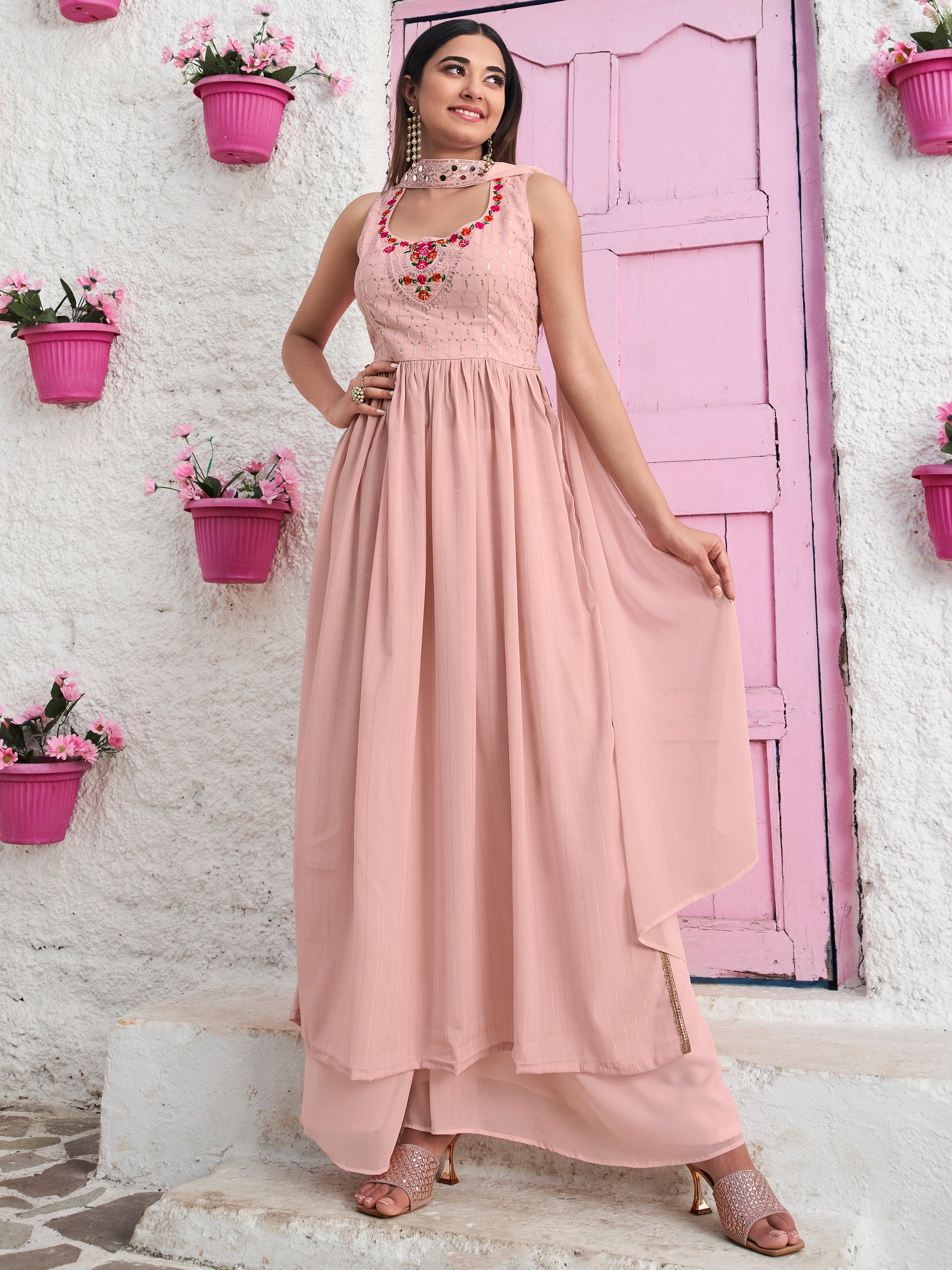 Fascinating Peach Sequins Georgette Festival Wear Salwar Kameez