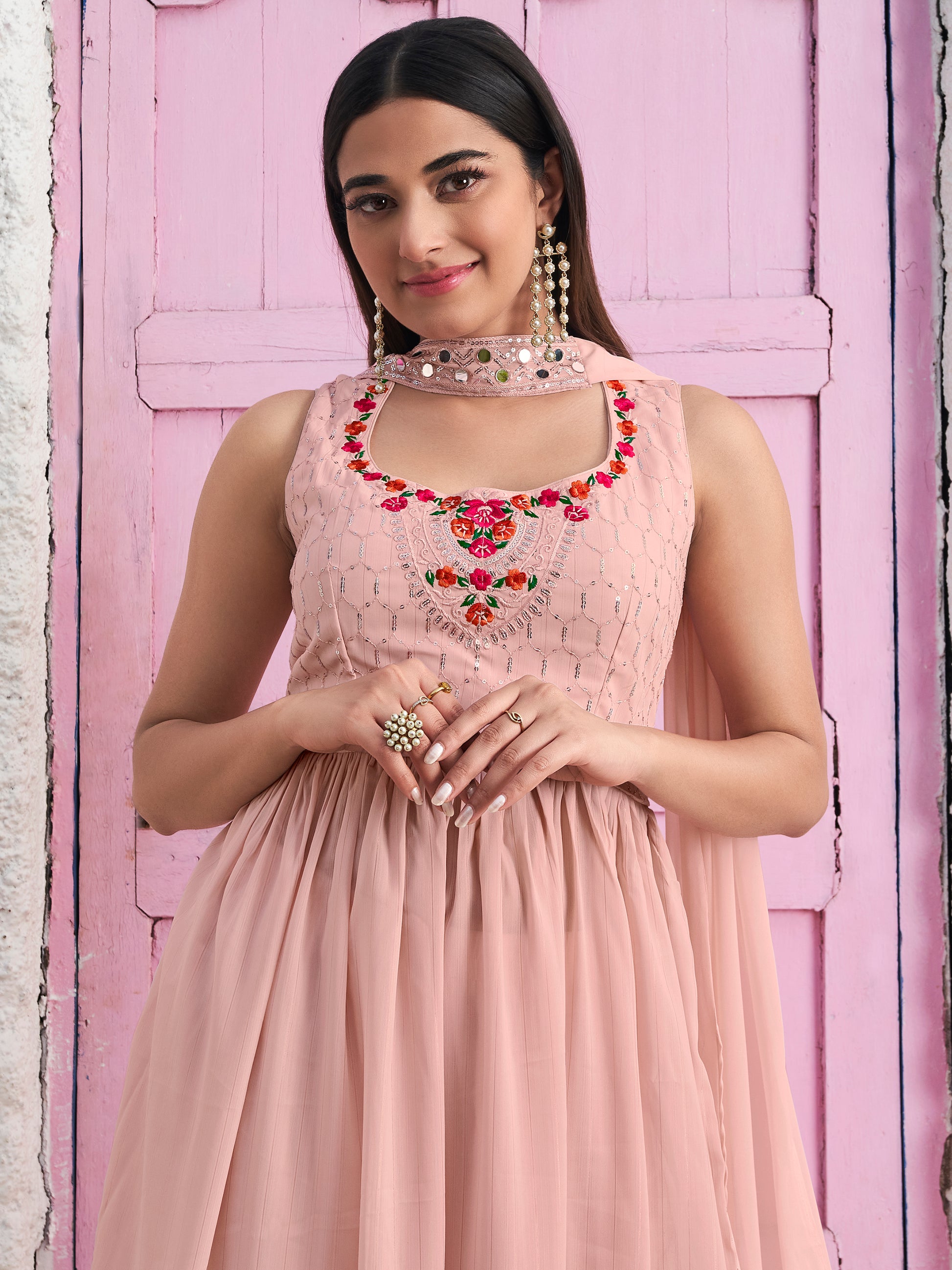 Fascinating Peach Sequins Georgette Festival Wear Salwar Kameez