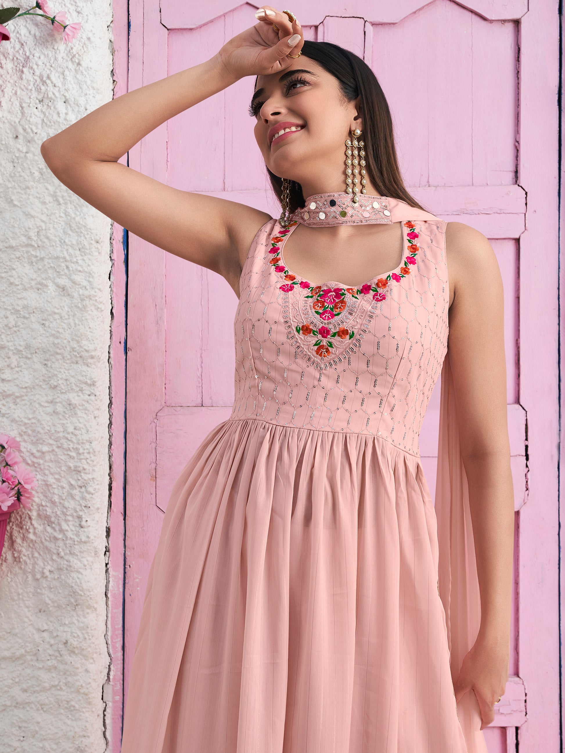 Fascinating Peach Sequins Georgette Festival Wear Salwar Kameez